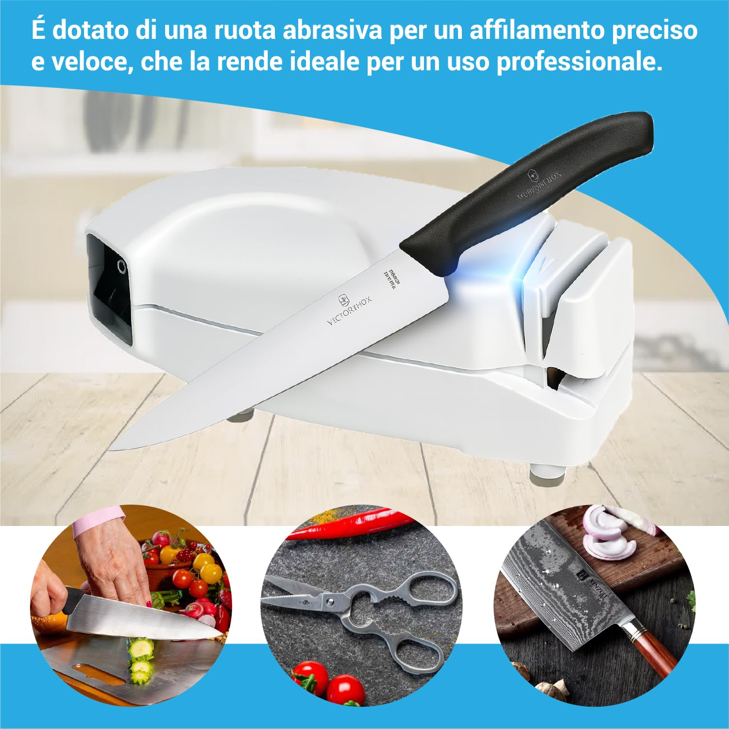 Crisalide® - Affilatrice Elettrica per Coltelli e Forbici 230V – Affilacoltelli da Cucina con Ruota Abrasiva e Mola Interna 34 mm – Compatta, Precisa e Facile da Usare