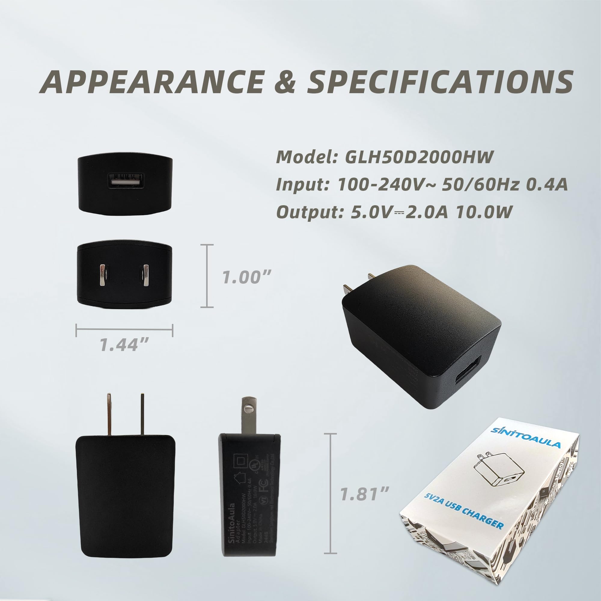 Caricatore USB 5V2A per presa a muro - Certificato UL, nero, 3 pezzi, adattatore di alimentazione da 10 W per telefoni cellulari, tablet, auricolari, banche di alimentazione, abbigliamento