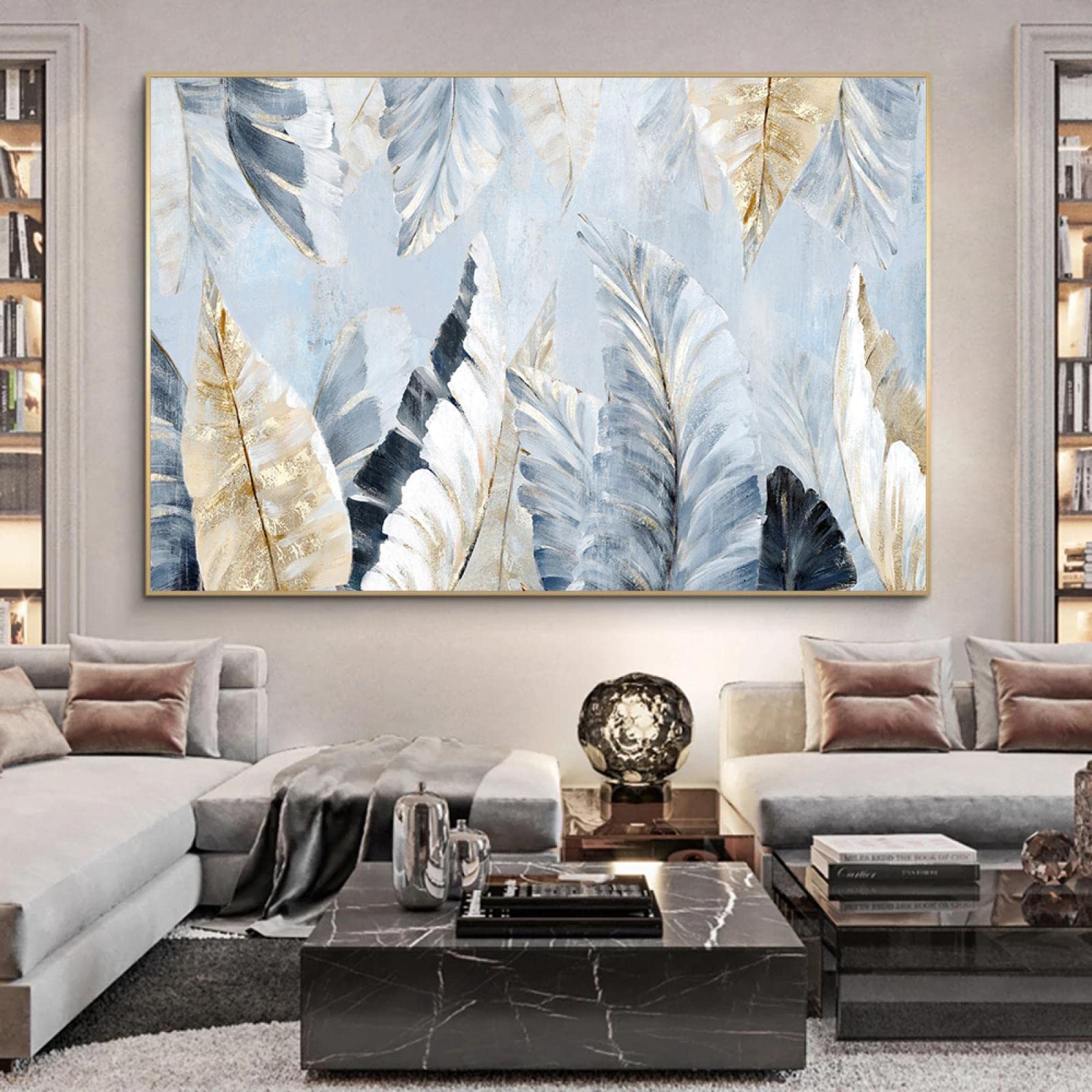 KEBIA Sztuka abstrakcyjna, złote liście palmowe, obraz na płótnie, roślina, martwa natura, plakat, obrazy ścienne do salonu, wystrój domu, 70 x 100 cm, bez ramy