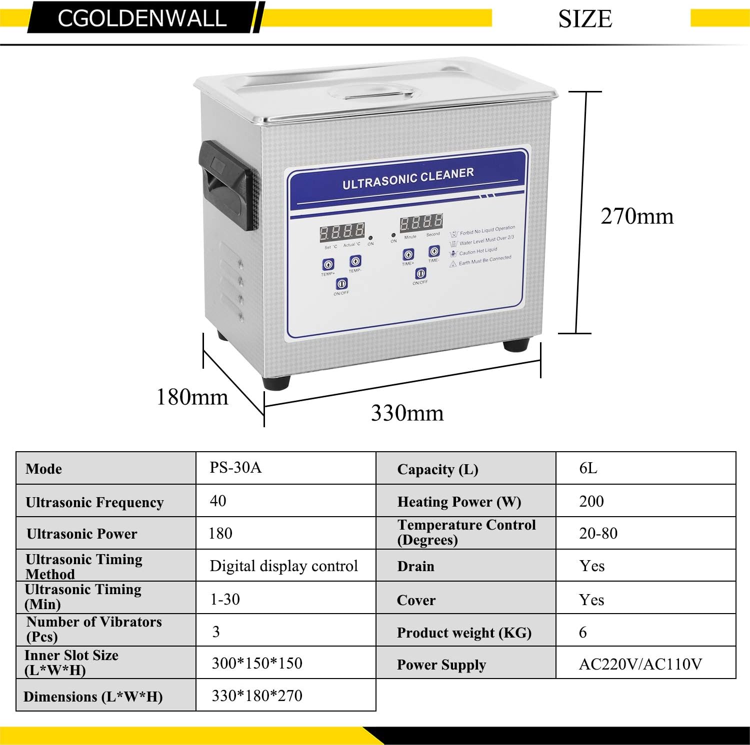 CGOLDENWALL 6L Professional Multifunctional Stainless Steel Ultrasonic Cleaner Eyeglasses Jewelry Cleaner Digital Commercial Grade