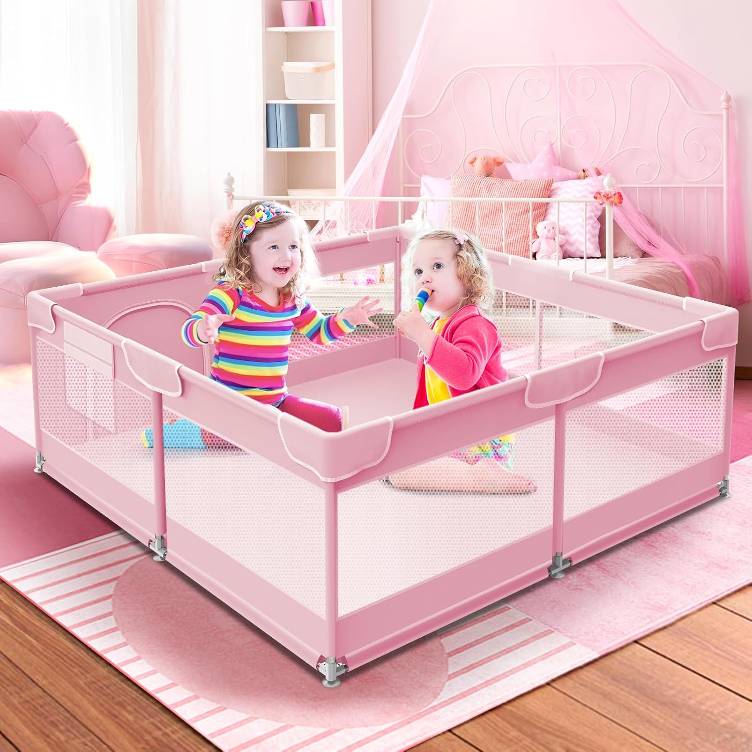 Baby Playpen 50 x 50 Inch Play Pen Playards, Playpen for Babies and Toddlers, Baby Playard for Indoor & Outdoor Active Center Game Fence, with Skin-Friendly Fabric and Soft Breathable Mesh Pink Pink 50 × 50 Inch