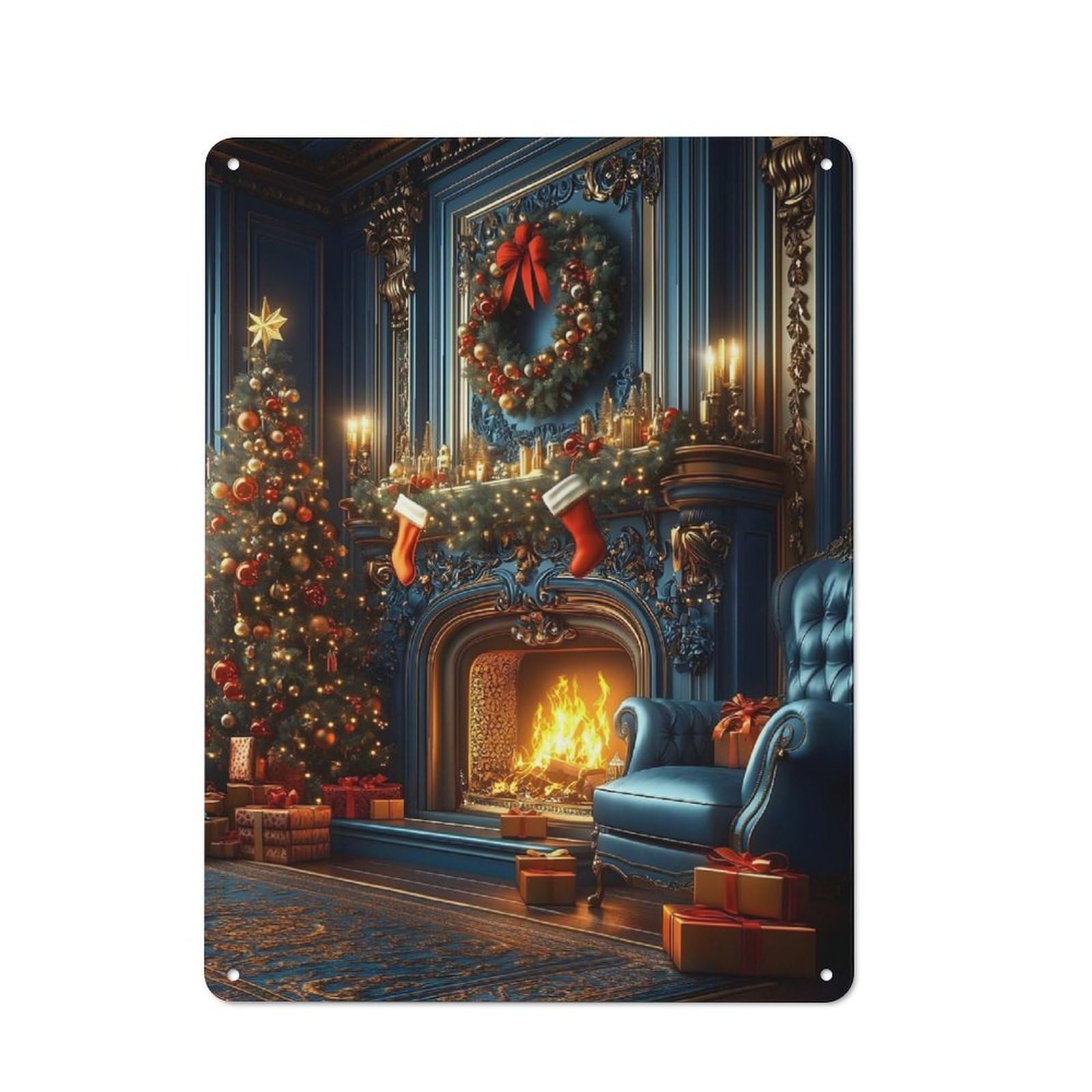 Junmoney Christmas Fireplace Decor Vintage Tin Sign 40X30cm With For Home Office Or Studio, For Home Office Decor Fans