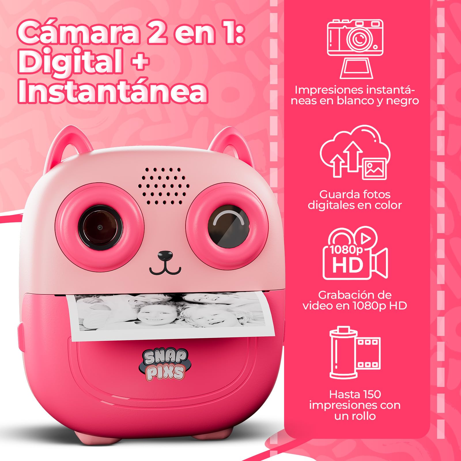 SnapPix Cámara Fotos Infantil Instantánea con Papel de Impresión y Tarjeta SD, 20MP, Cámara de Fotos para Niños, Regalo para Niños de 3 a 14 años (Azul y Rosa) (Rosa)