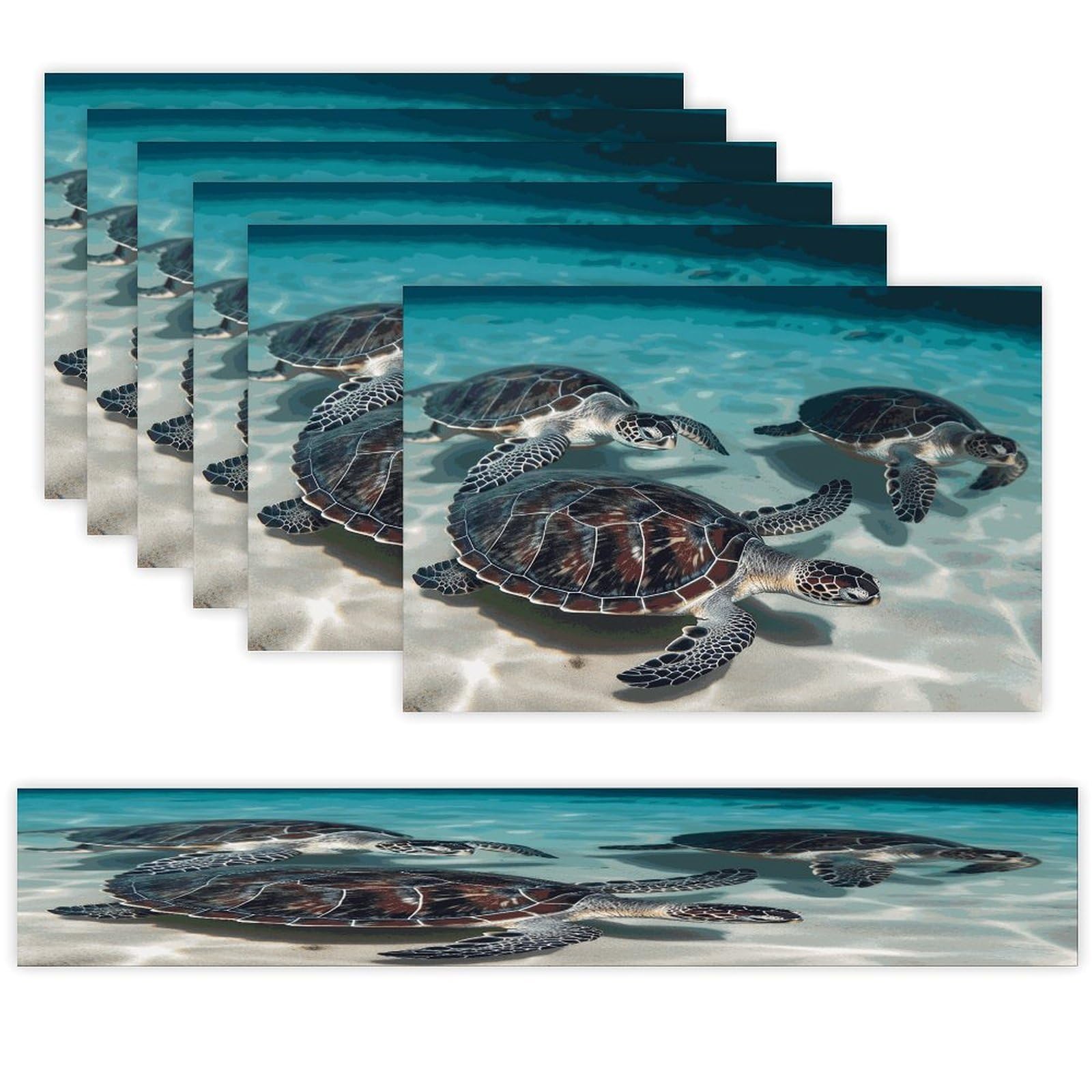 Sea Turtles Table Runner and Placemats Set of 6 for Kitchen Washable Table Mats Heat Resistant Place Mats Non-Slip Place Mat Wipeable Placemat(6 Placemats+1 Table Runner)