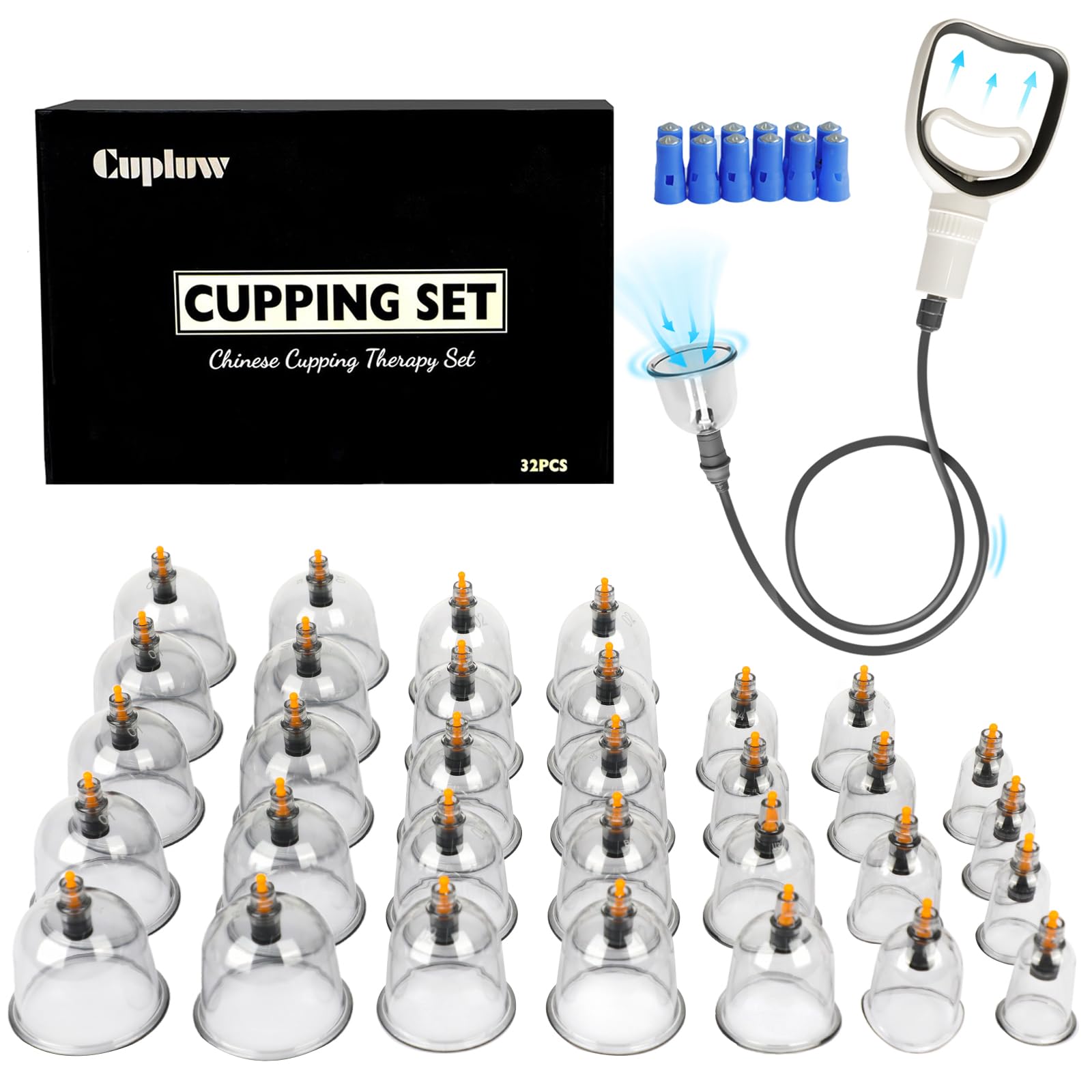 Cupluw - Massage Therapy Cupping Kit, Professional Set of 32 Cups with Magnetic, Vacuum Cupping Therapy Set for Cellulite Reduction, Muscle Pain Relief with Pump