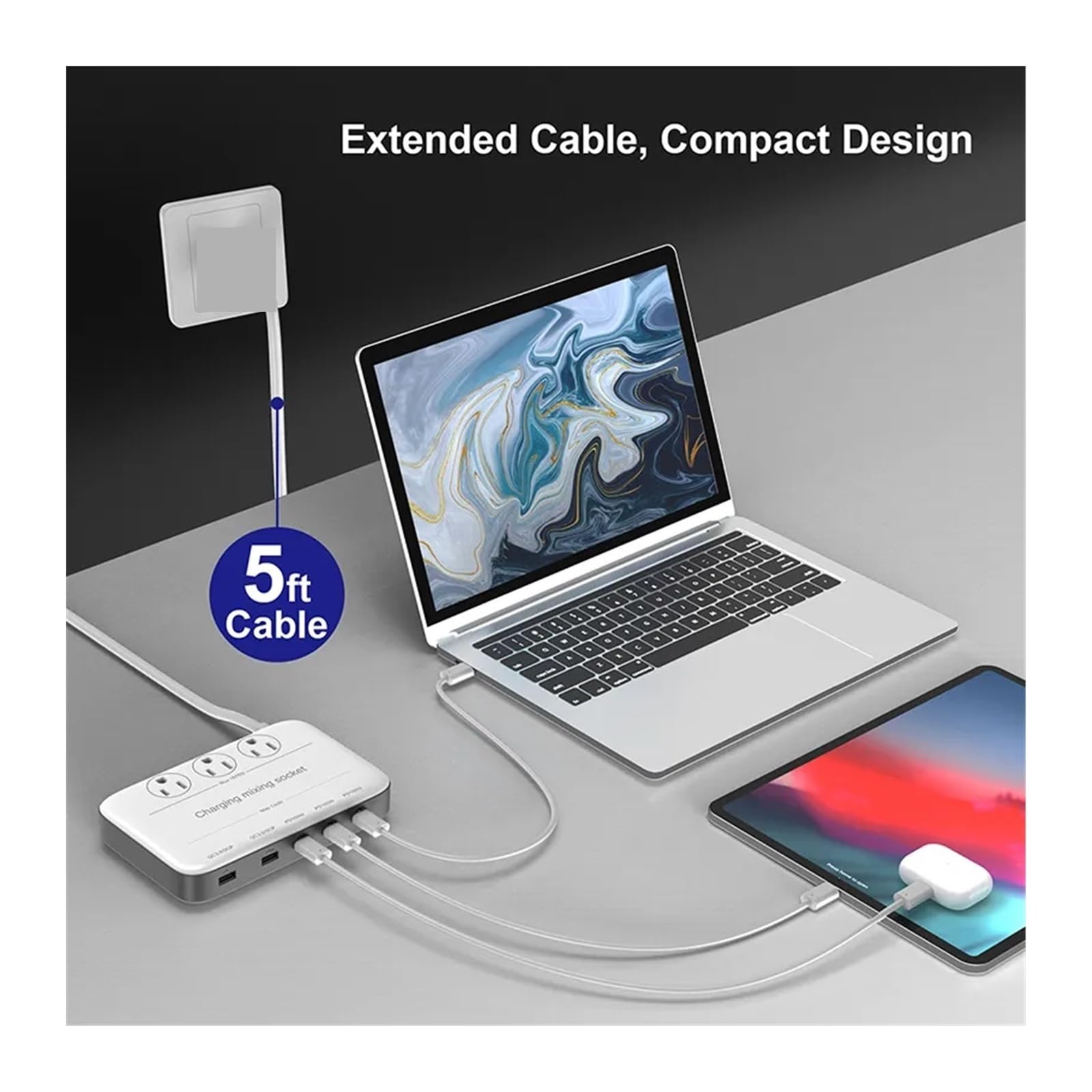 Ładowarka USB, Stacja ładująca USB C Listwa zasilająca 130 W z 3 przedłużaczami gniazdek 1875 W, 3 USB-C 100 W i 2 szybkimi ładowarkami USB-A 30 W dla smartfona