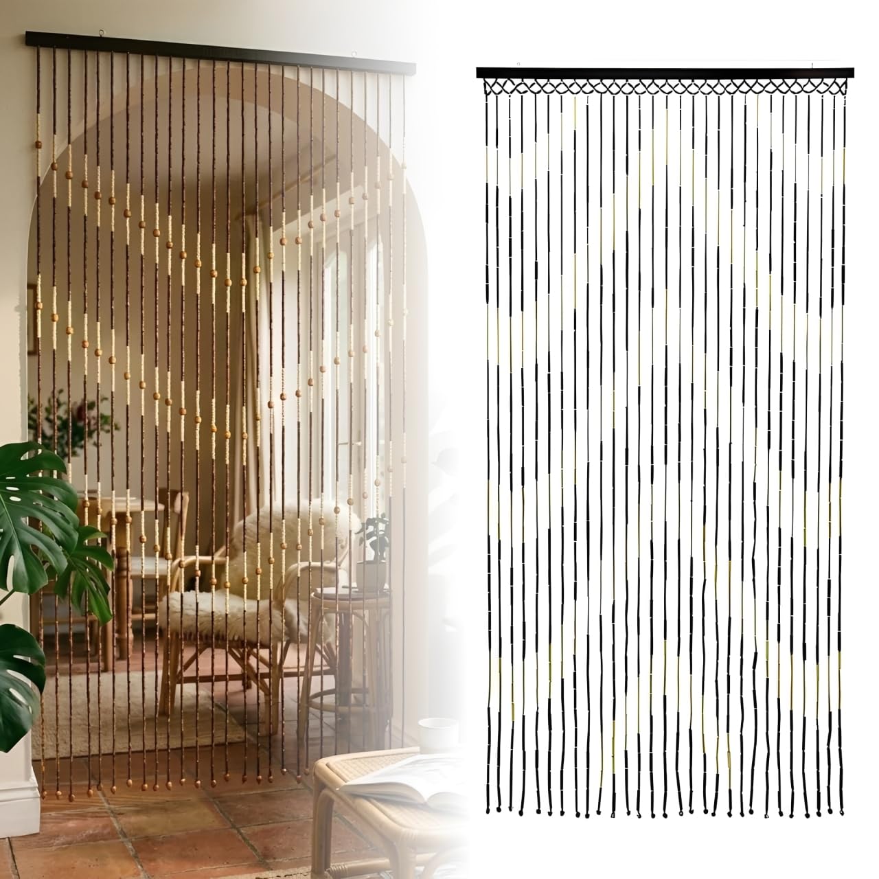 Sizi Arrow Pattern Bamboo Beaded Door Curtain Natural Wooden Bead Screen for Doorway Handmade Room Divider Fly Screen Privacy Curtain for Doors Windows Hallway Living Room Brown