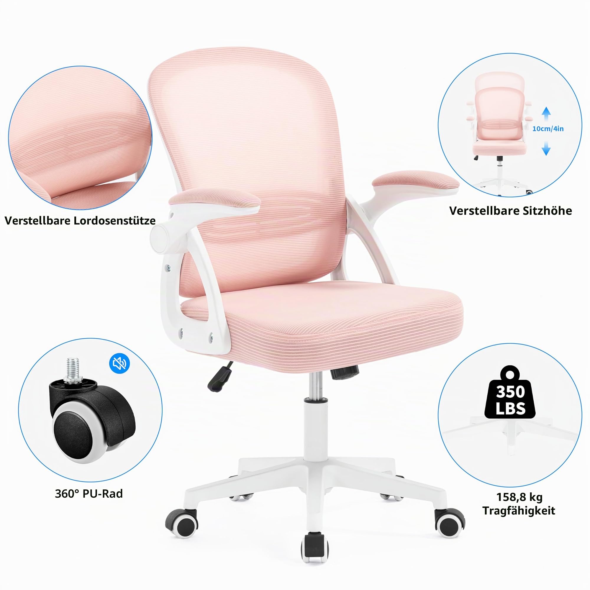 Fizzin Ergonomischer Bürostuhl Rosa Schreibtischstuhl, 150 kg | Mesh Drehstuhl mit gepolsterten klappbaren Armlehnen, verstellbare Lendenwirbelstütze für Büro, Homeoffice und Gaming