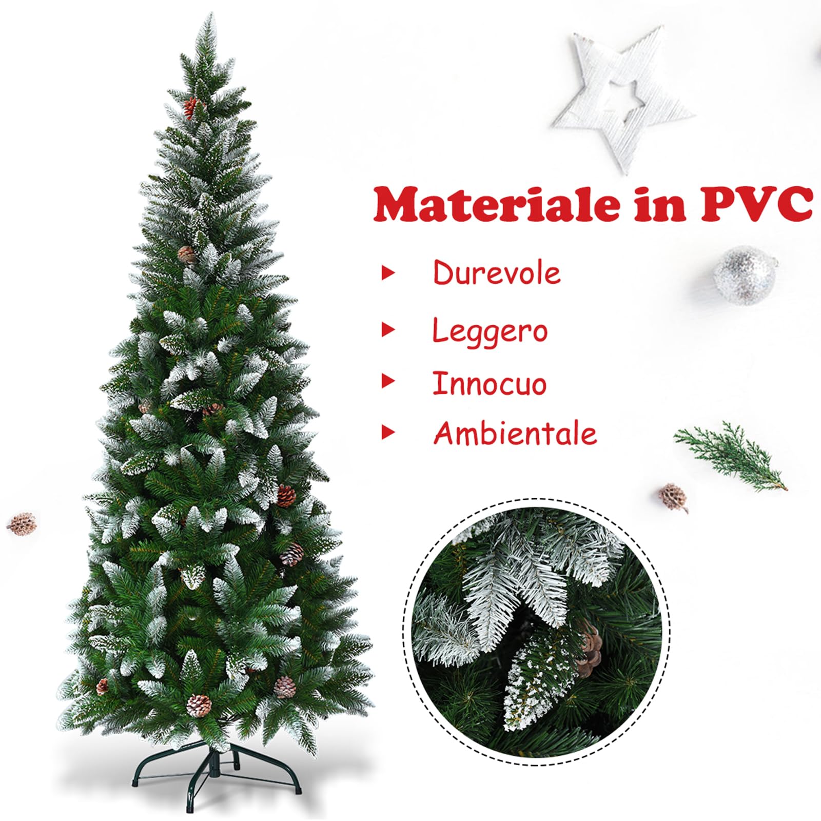 COSTWAY Albero di Natale Innevato 180/220 cm, Albero di Natale Slim con Pigne, Base di Metallo e Rami Rigogliosi in PVC, Ideale per Casa, Ufficio e Negozio (180 cm)