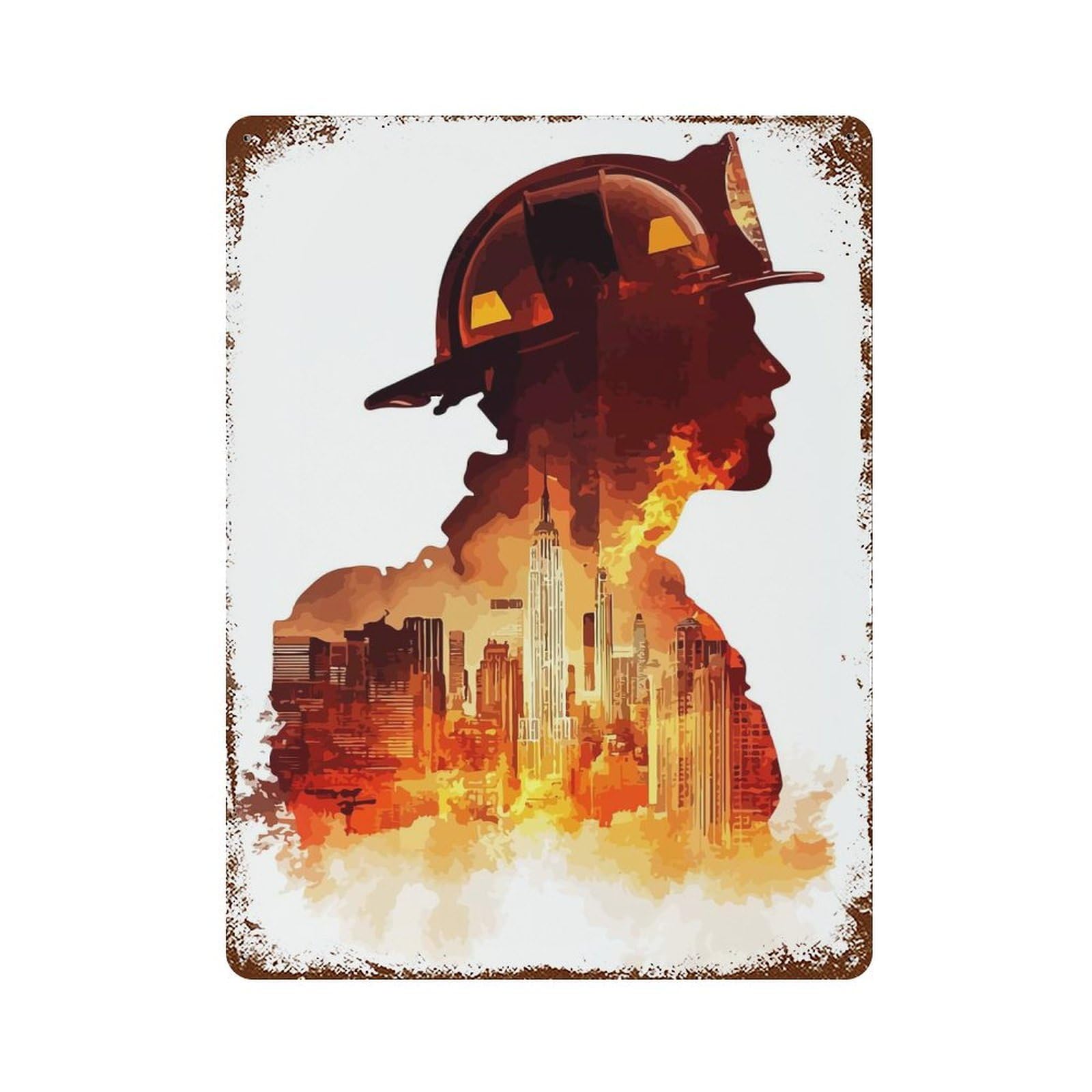 Garage Style Firefighter Silhouette Cityscape Vintage Metal Tin Sign 15.7"x11.8", Retro Wall Decor for Bar And Workshop