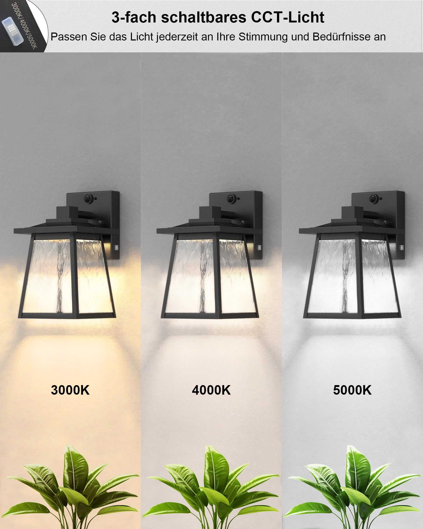 LED Außenlampe mit Bewegungsmelder 10W Wandleuchte Aussen Anthrazit IP44 Moderne Wandlampe 230V Trapezförmig für Terrasse, Hof inkl.3CCT Modul 800ML