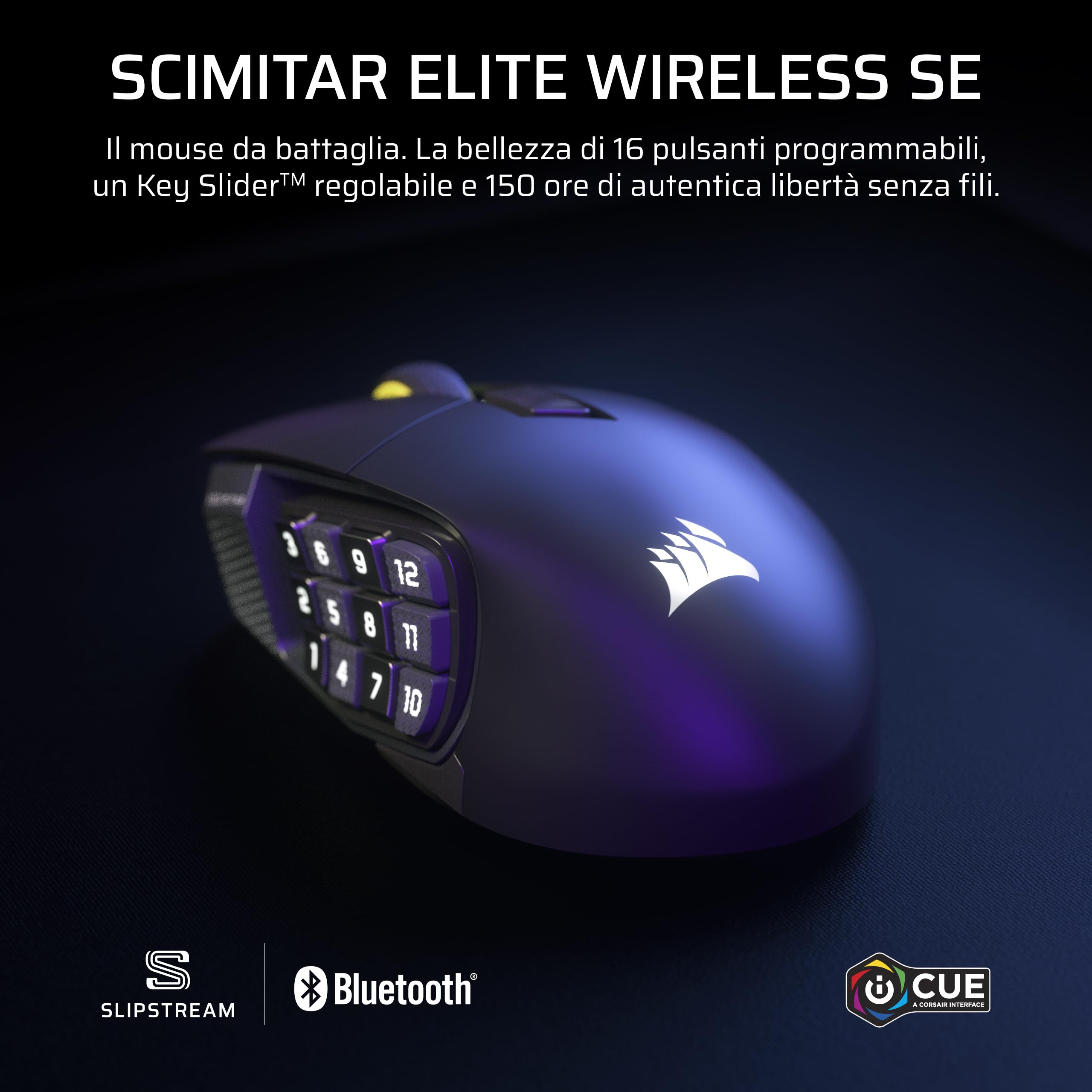 Corsair SCIMITAR ELITE WIRELESS SE Mouse da Gioco MMO – 33.000 DPI, 16 pulsanti programmabili, Key Slider™ regolabile, Hyper-Polling 1K - PC, PS5, PS4, Xbox, Mac – Metallizzato