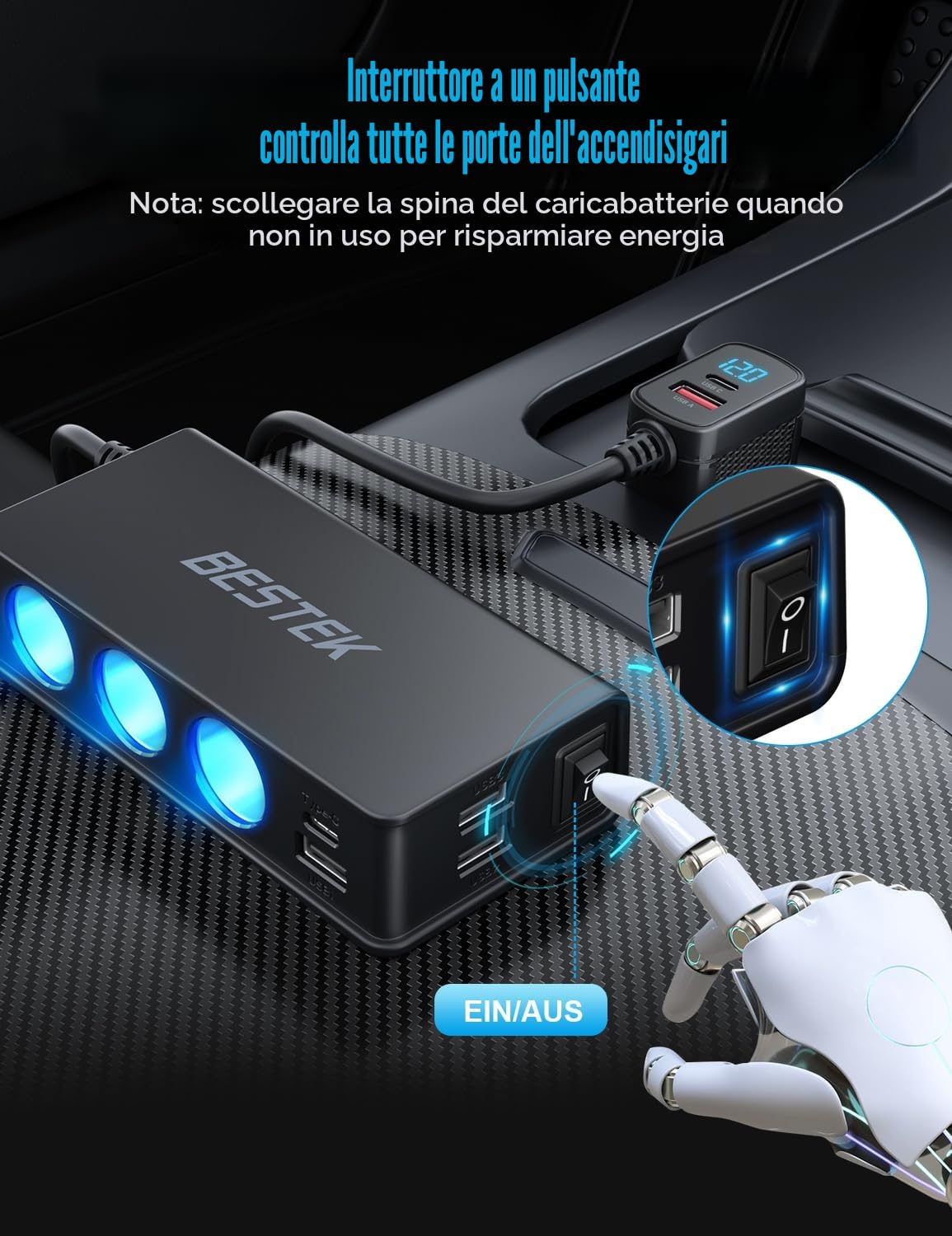 BESTEK Caricatore Auto USB-C PD USB QC3.0 Caricabatterie da Auto 148W, 9 in 1 Adattatore per Accendisigari 12V/24V con 3 Prese & 6 Porte con Display LED per iPhone Dash Cam