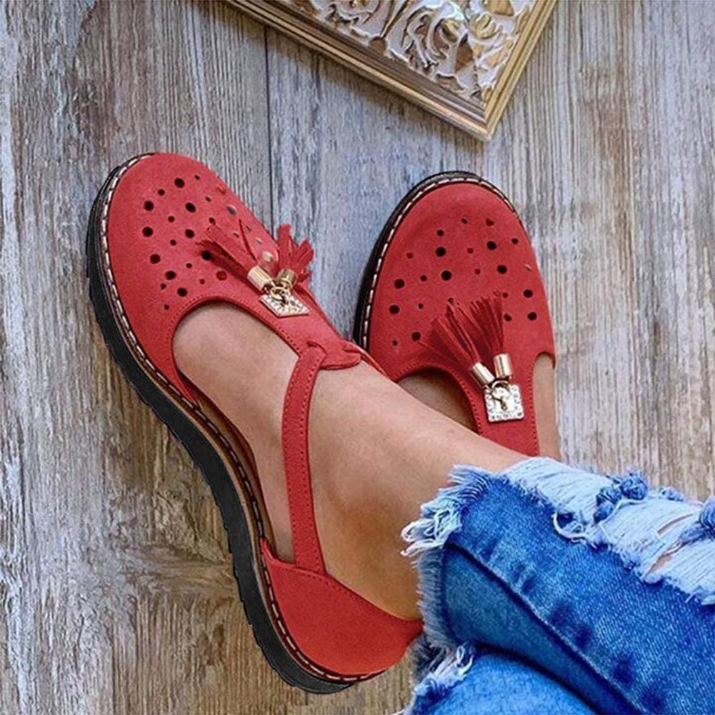 RXZCHH Sandalias para Mujer Suela Plana Borla Sandalia Cerrada Toe Hebilla Zapatos Moda con Flecos Cómodos Verano Nuevas Chanclas,06,42
