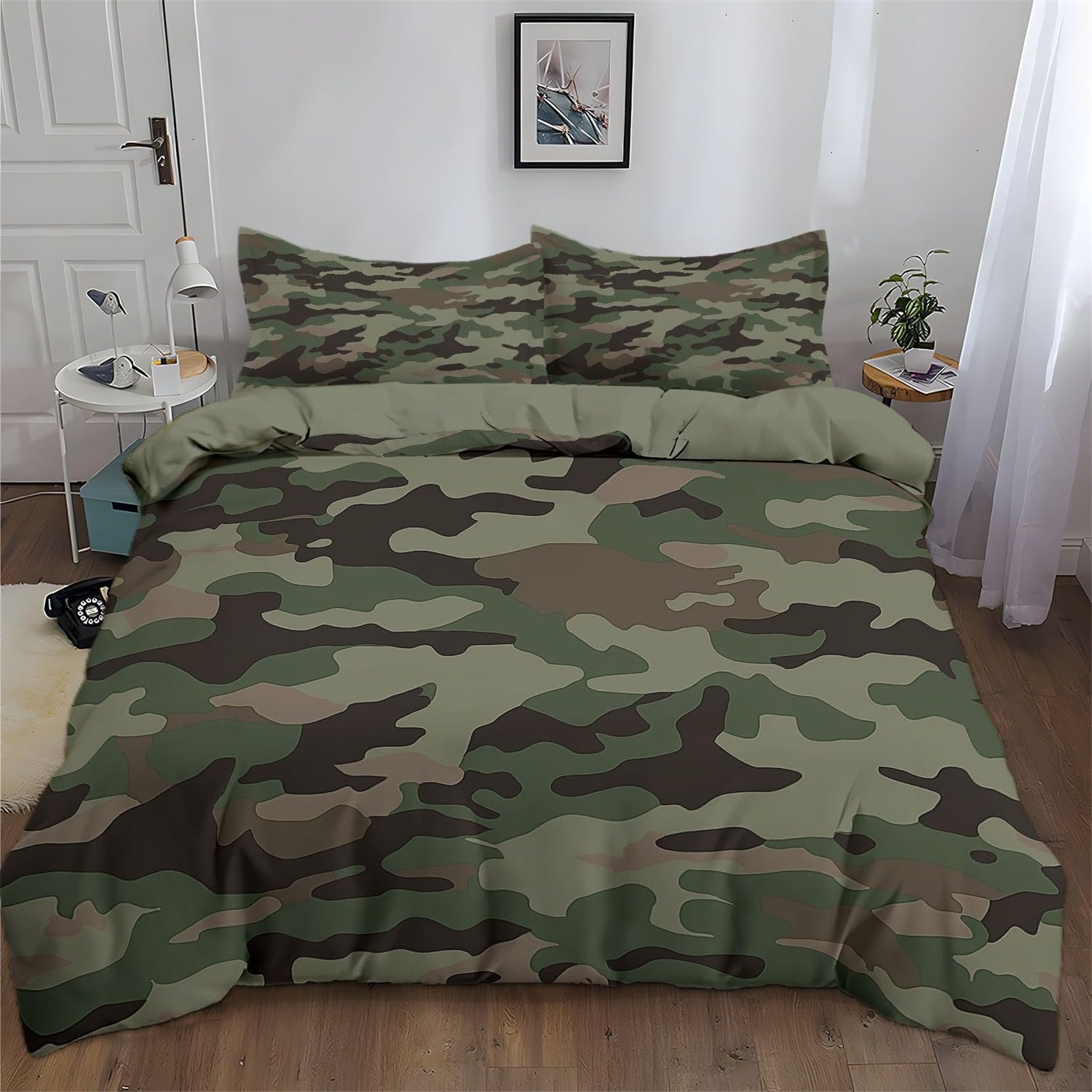 Funda Nórdica Reversible Cama 150, 220 x 240 cm Estampado Funda nórdica Microfibra con Cremallera, Ropa de Cama con 1 Funda nórdica y 2 Fundas de Almohada Camuflaje Militar Camuflaje Verde Claro