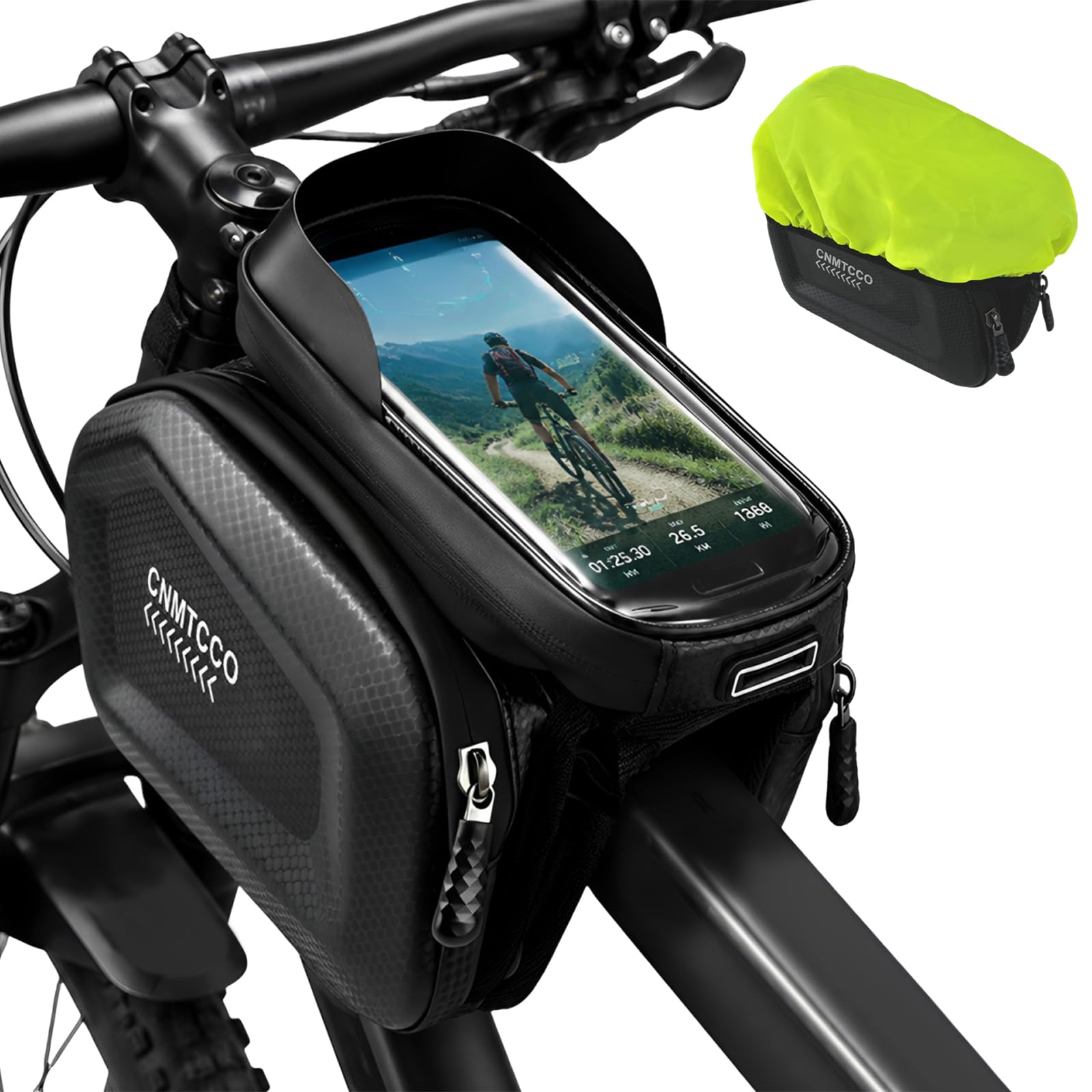 CNMTCCO Fahrradtasche Rahmentasche Wasserdicht Handyhalterung Fahrrad für Smartphone bis zu 7 Zoll, Oberrohrtasche Fahrrad Zubehoer mit TPU Touchscreenfür Mountainbikes, Rennräder und E-Bikes
