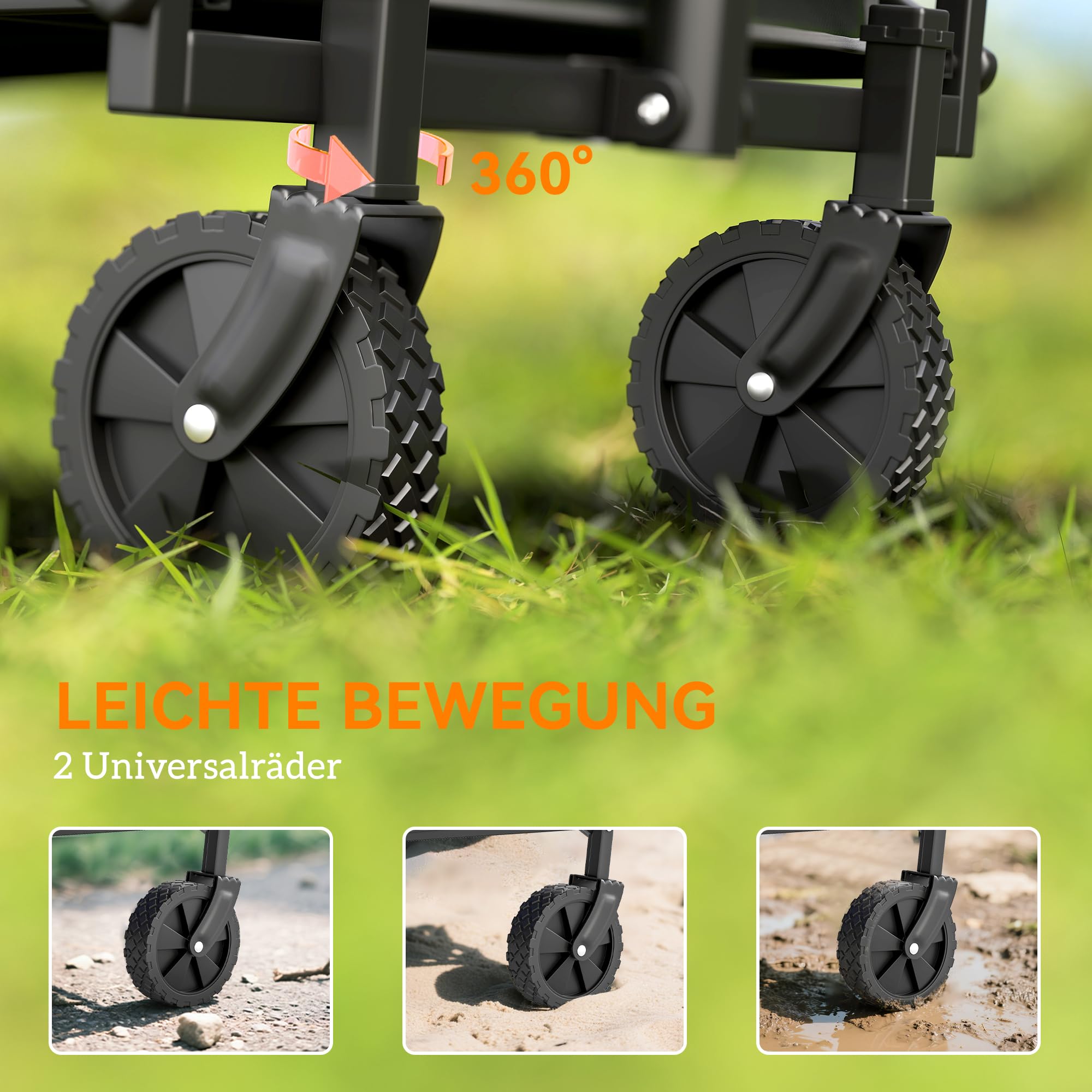 Outsunny Bollerwagen Faltbarer Handwagen 360° Gartenwagen Transportwagen mit verstellbarem Griff Strandwagen bis 60 kg Tragkraft, für Sport, Einkauf, Camping, Schwarz