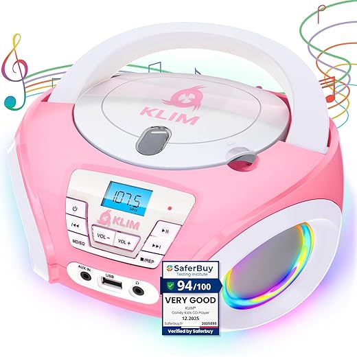 KLIM Candy Kids Portable CD Player – New Version Boombox with FM Radio & Speakers – Includes Batteries – Cute Pink Design for Kids & Toddlers - Rose