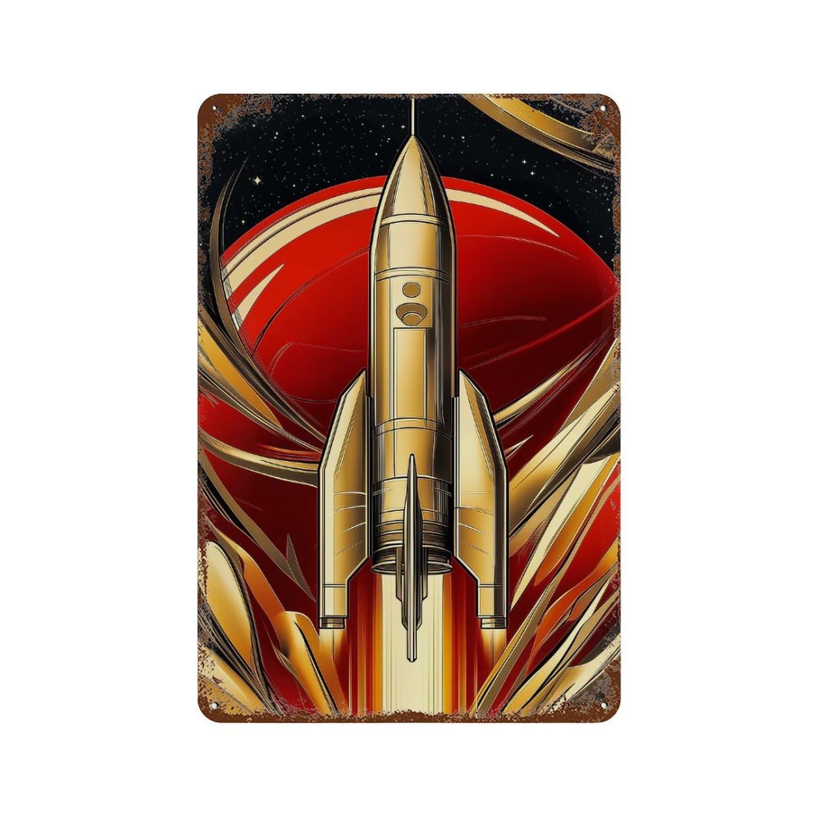 Golden Rocket Launch Vintage Rust Metal Sign 11.8"x7.9", Ideal for Cafe, Home Bar And Lounge Decor