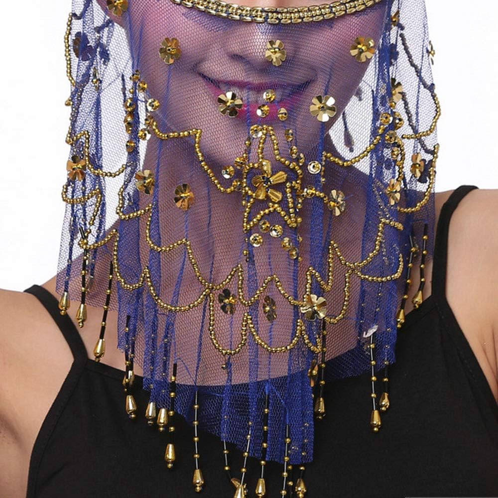 Belly dance half face veil costume with gold beaded clover for women girls Arabian Egyptian dancing (Blue)(Size: One Size) - Image 3