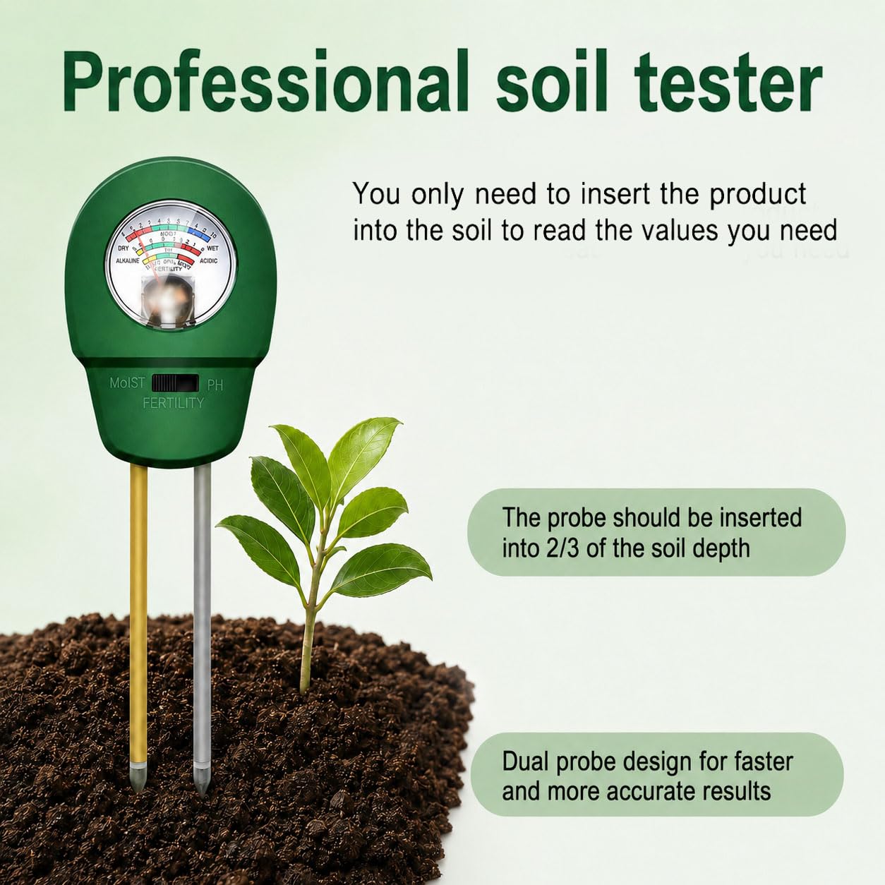 Medidor Humedad Plantas 3 en 1, Medidor pH Tierra Digital, Higrómetro Suelo Profesional para Test pH Suelo, Temperatura y Luz en Jardín, Césped y Macetas,no requiere pilas