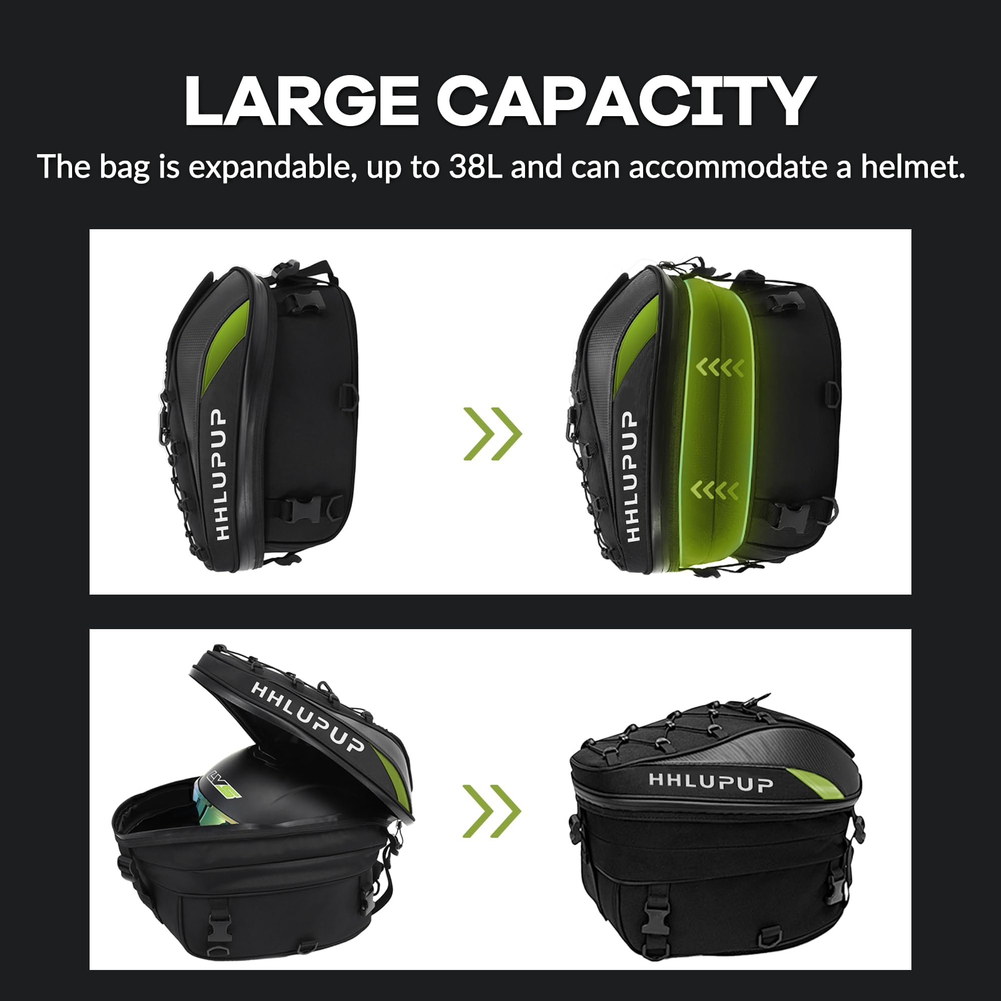Borsa da sella per casco da moto, 38 l, impermeabile, per casco da moto, 25-38 l, grande capacità, doppio uso (verde)