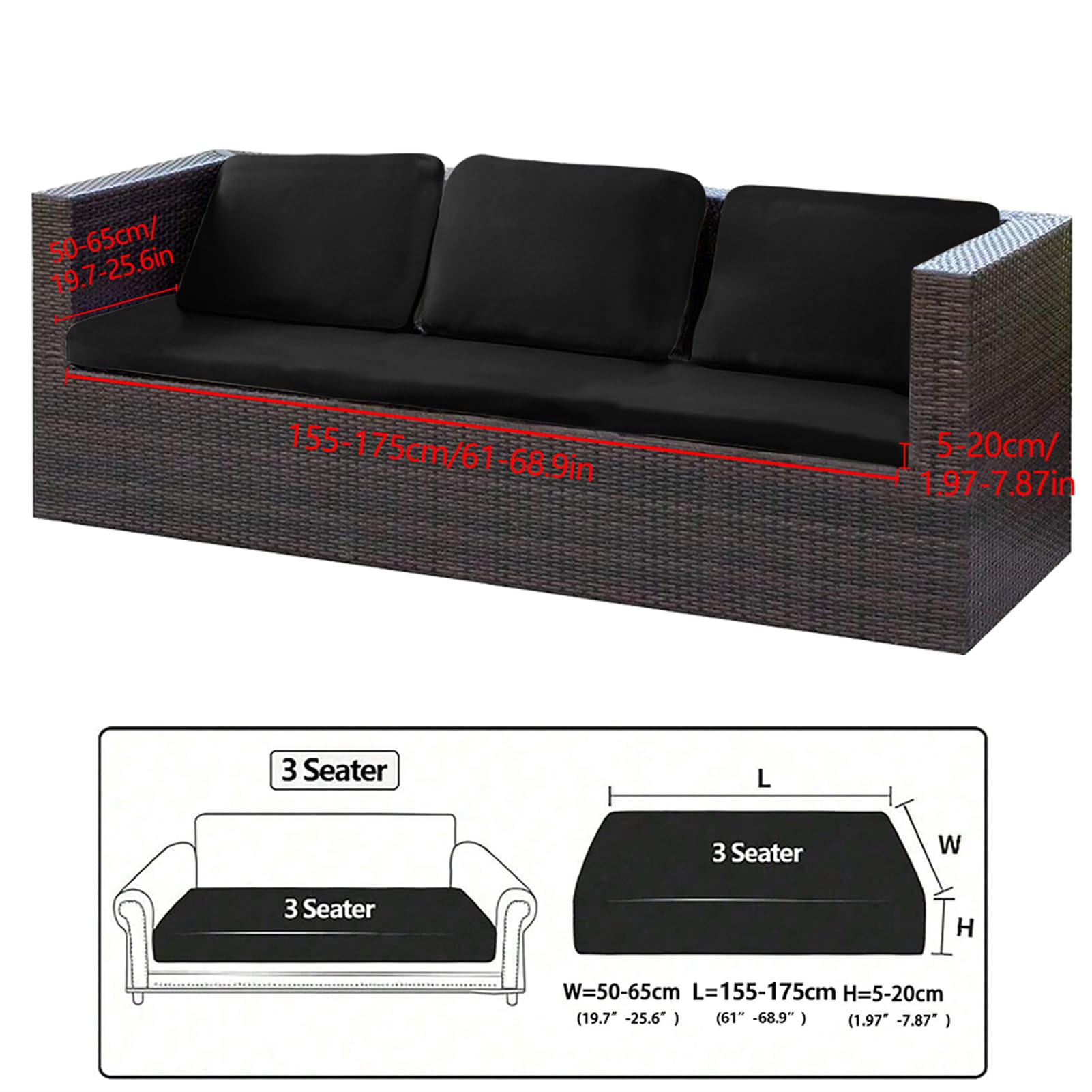 Copriseduta Divano da Giardino Impermeabile Esterno per Cuscini Sostitutivi, Lavabile, Coprisedile per Sedili e Mobili in Rattan (Nero, 3 Posti)