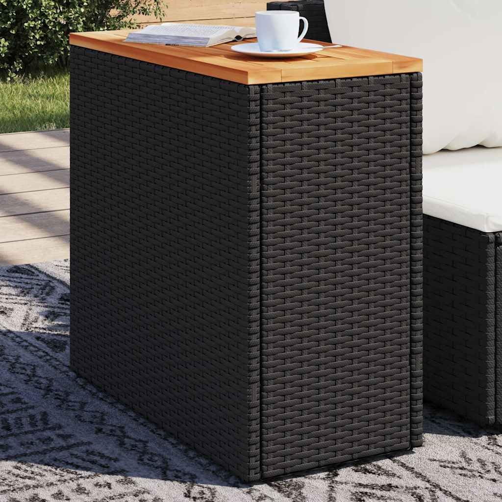 SXZenSpace Garden Side Table 58x27.5x55 cm Black PE Rattan & Acacia Wood Outdoor Coffee for Patio, Balcony, Small Camping