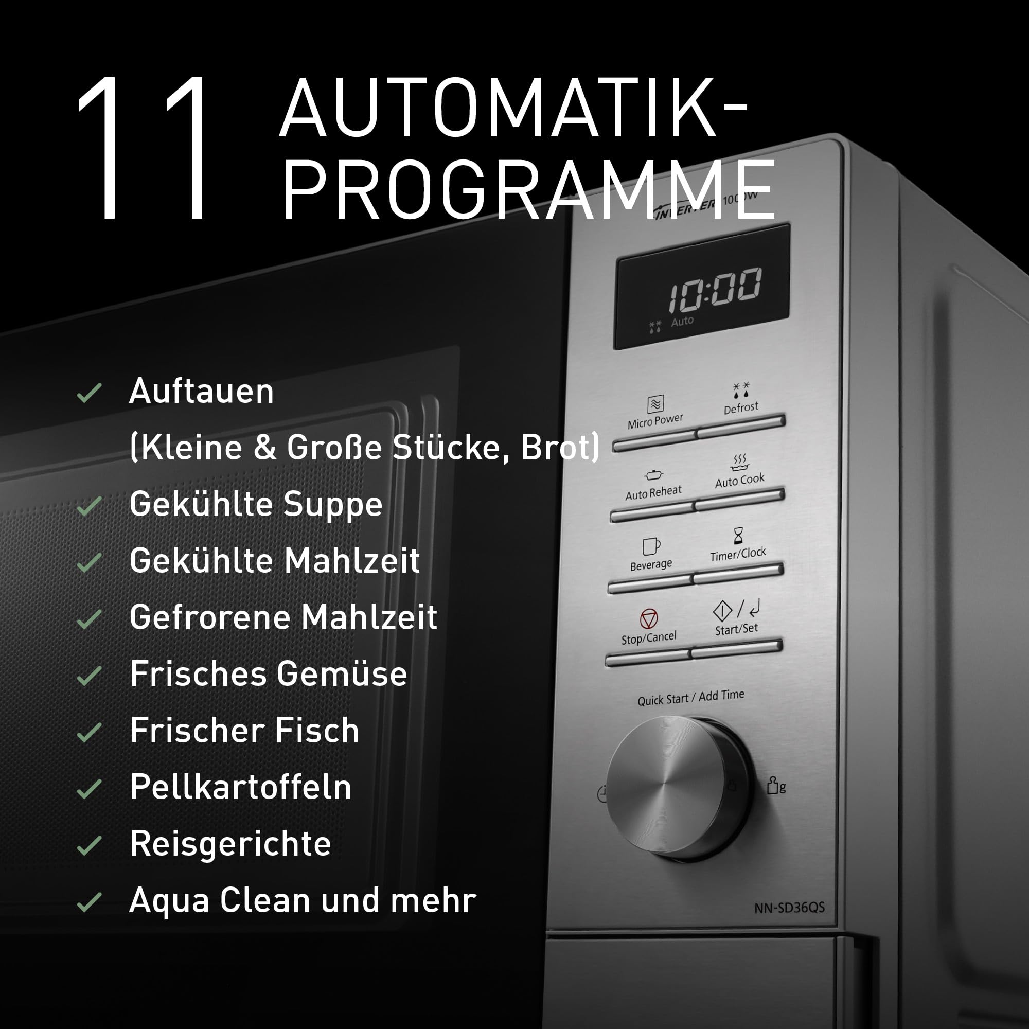Panasonic NN-SD36QSEPG Solo-Mikrowelle, 29 l, 1000 W, automatisches Auftauen, 11 automatische Programme, Timer, Silber