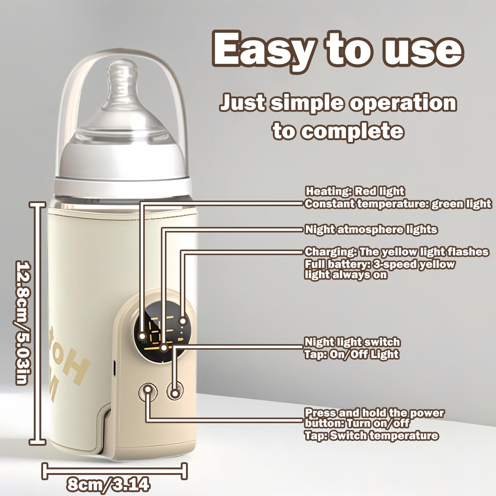 Flaschenwärmer Baby, Tragbarer Flaschenwärmer, Unterwegs mit LCD-Display USB-Ladung Babyflaschenwärmer 6 Einstellbare Temperatur 38-50℃ Muttermilchwärmer Tasche für Unterwegs und Zuhause (Beige)