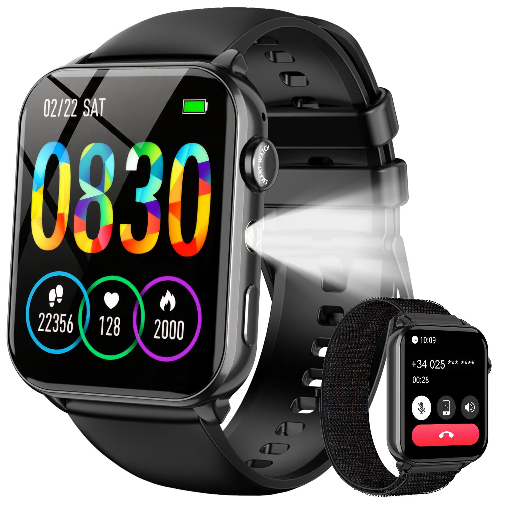 Smartwatch Herren Militär, 100 Tage Akkulaufzeit/LED Taschenlampe/Kompass/2 Armbänders/IP68 Wasserdicht, 100+Sportmodi Sportuhr, Anrufe tätigen/Empfangen Smartwatch Outdoor Fitnessuhr für Android iOS