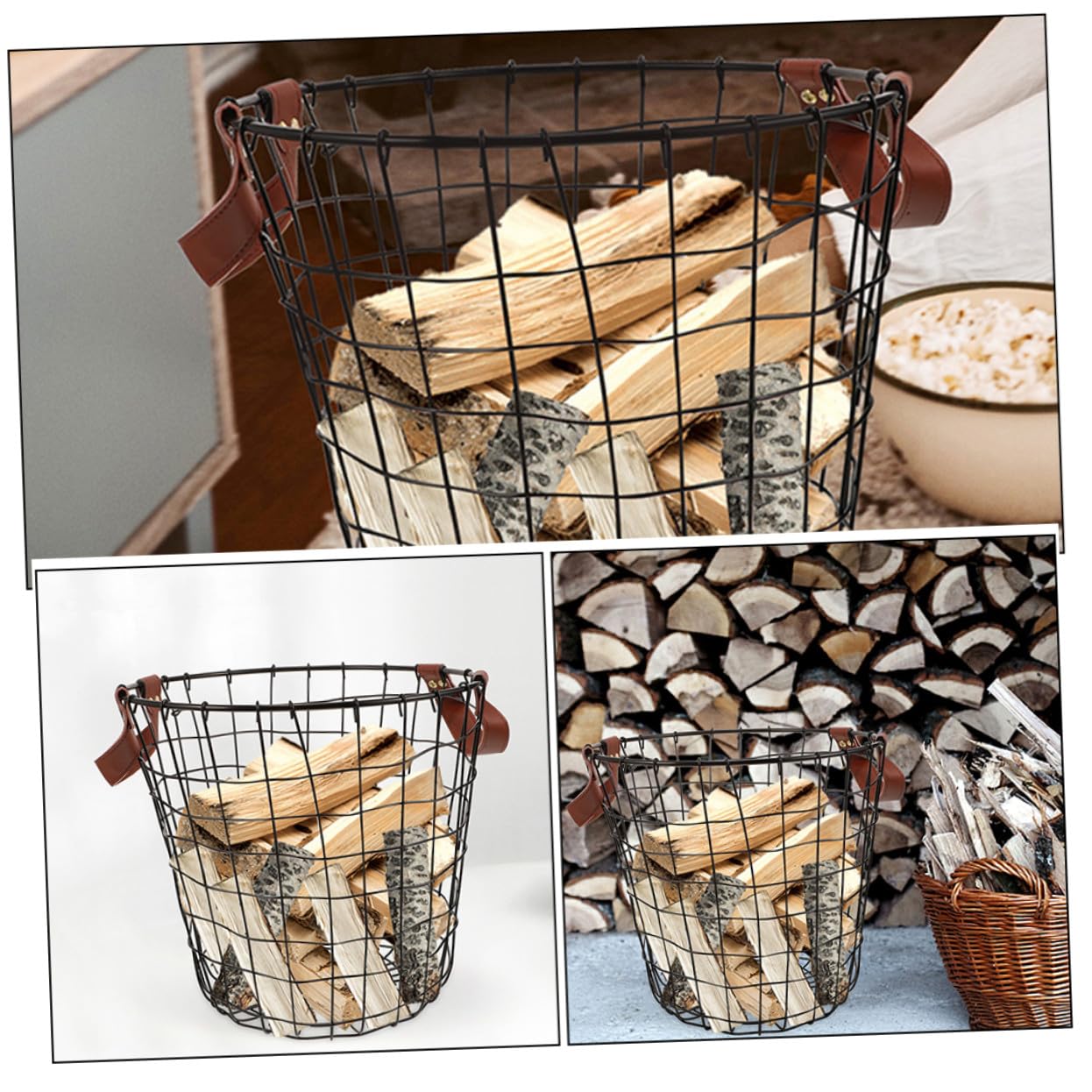 VALICLUD Cestino Per Combustibile Da Ardere in Filo Metallico Rotondo Cestino Per Biancheria in Stile Rustico Contenitore Per Riporre Utensili Organizer in Stile Rustico Per Braciere