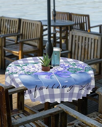 Miniatura 2 de Mantel redondo para exteriores de 60 pulgadas, diseño rústico de hortensias moradas con agujero para paraguas, mantel con cremallera, impermeable,