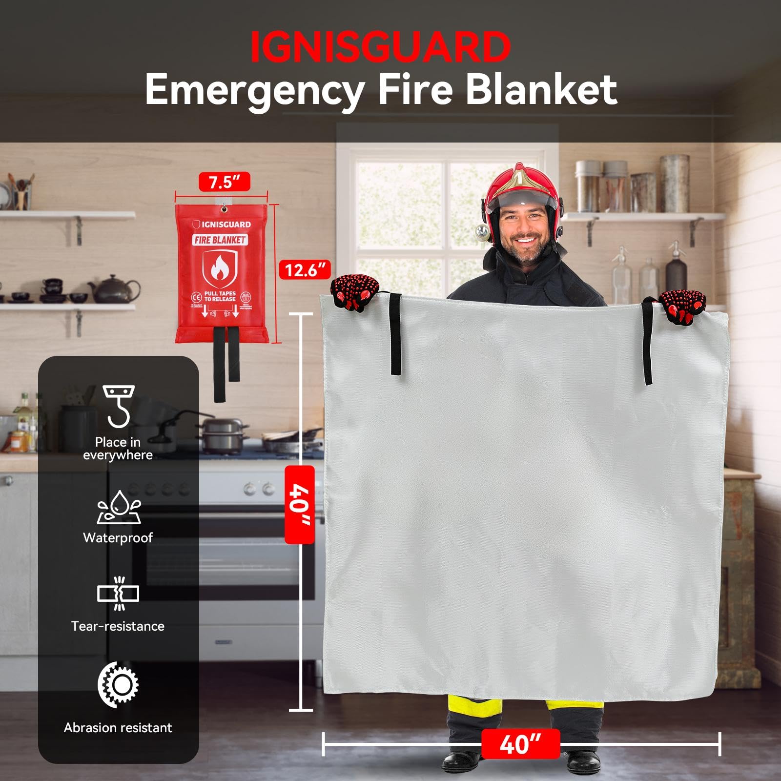 Manta de emergencia para el hogar y la cocina, 40 x 40 pulgadas, manta de fibra de vidrio para el hogar, barbacoa, barbacoa, camping, coche, oficina, almacén, picnic, chimenea, seguridad de