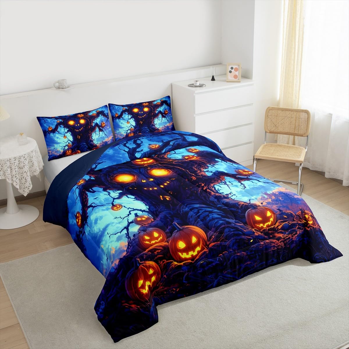 Homewish Gotycka dynia pojedynczy zestaw pościeli – zestaw pościeli na Halloween, pomarańczowe dynie, lampiony, zestaw kołdry, dla dzieci, chłopców, dziewcząt, dorosłych, upiorne gotyckie dekoracje