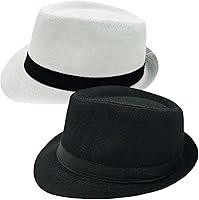 2 Pack Short Brim Fedora Classic 20s Trilby Panama Hats Summer Travel Cap for Men Women
