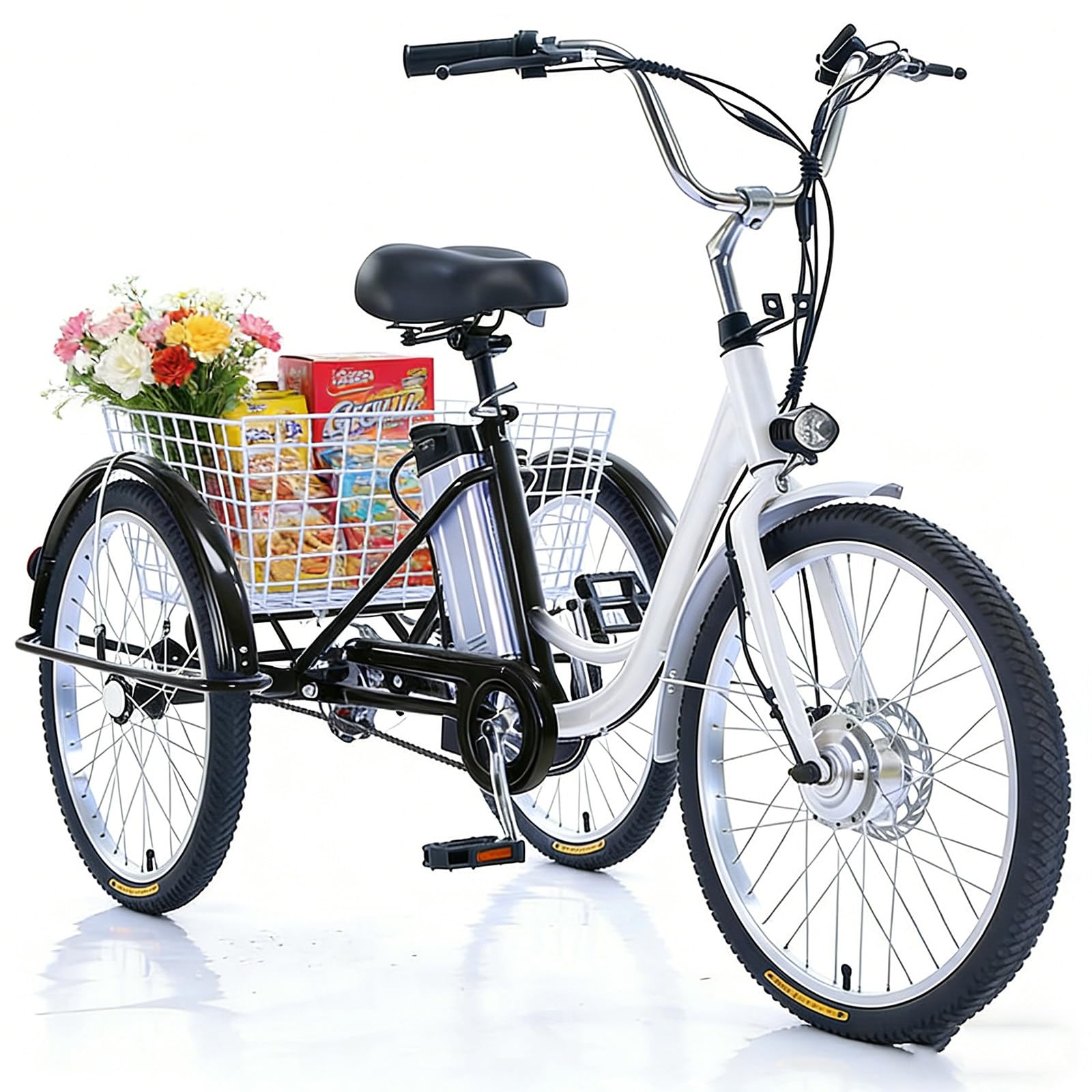Tricycle Électrique pour Adultes,Roues De 24“,Vélo À Trois Roues pour Adultes Et Seniors,Tricycle Adulte,3 Modes De Conduite,Siège Réglable,Capacité De Charge De 180Kg,Conduite Fluide