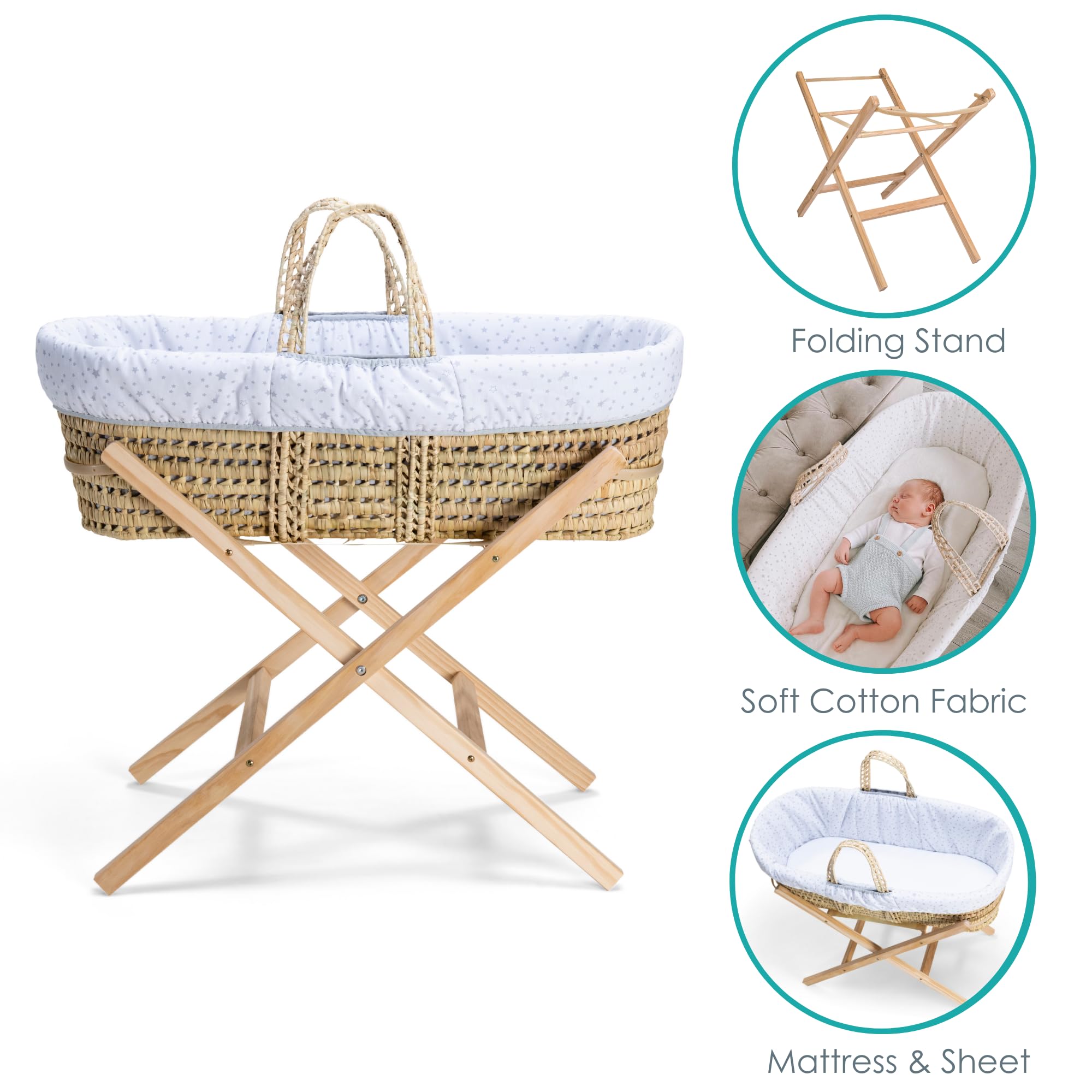 Clair de Lune Star & Stripes Essential Moses Basket Special Buy Bundle 75 x 28 cm