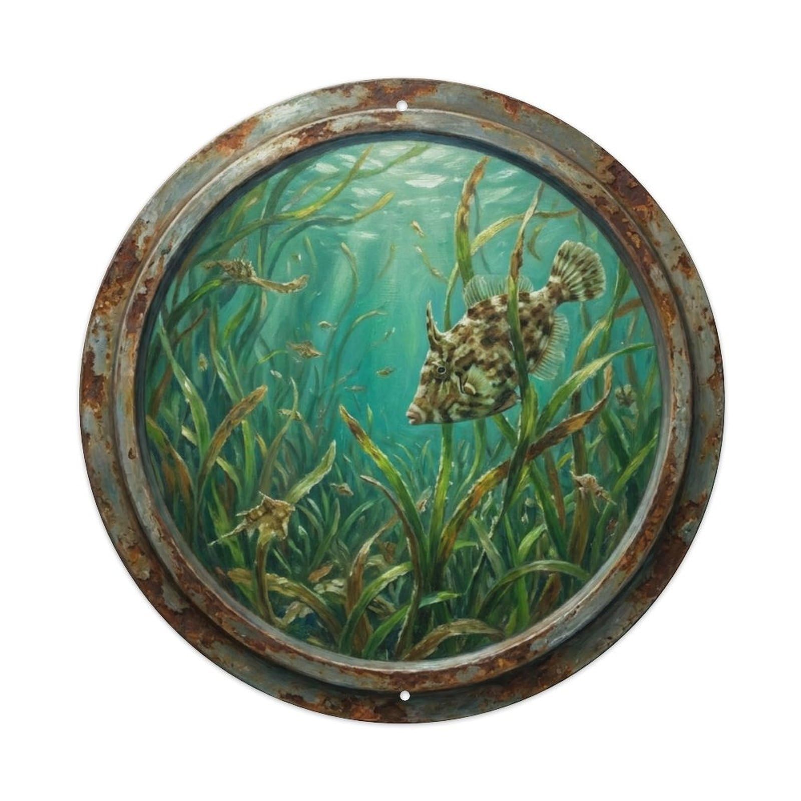 Vintage Porthole Filefish Camouflage Ship Window Undersea Deep Metal Tin Sign