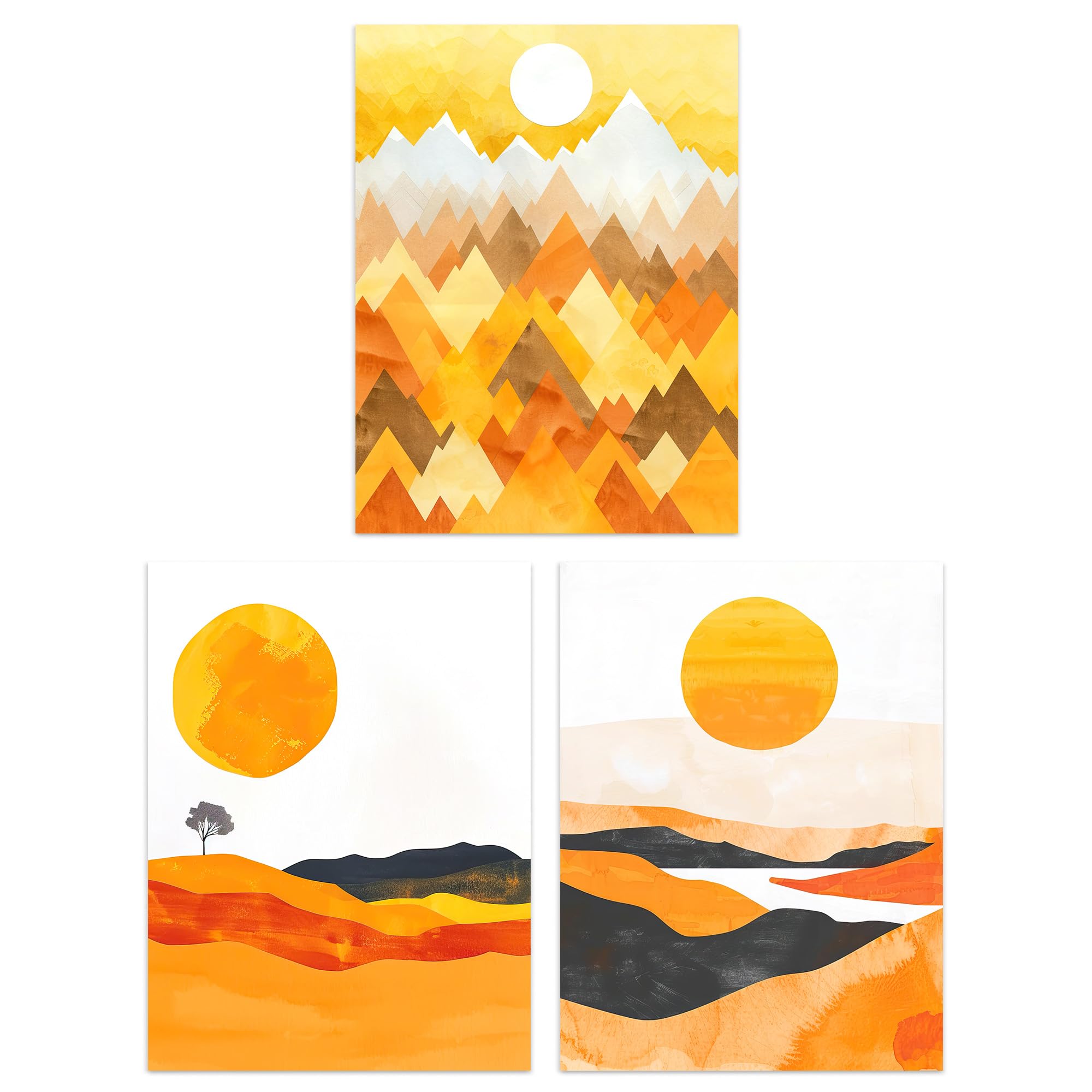 Set of 3 Prints Bold Orange Sunset Landscape Mountains Poster Wall Art A4