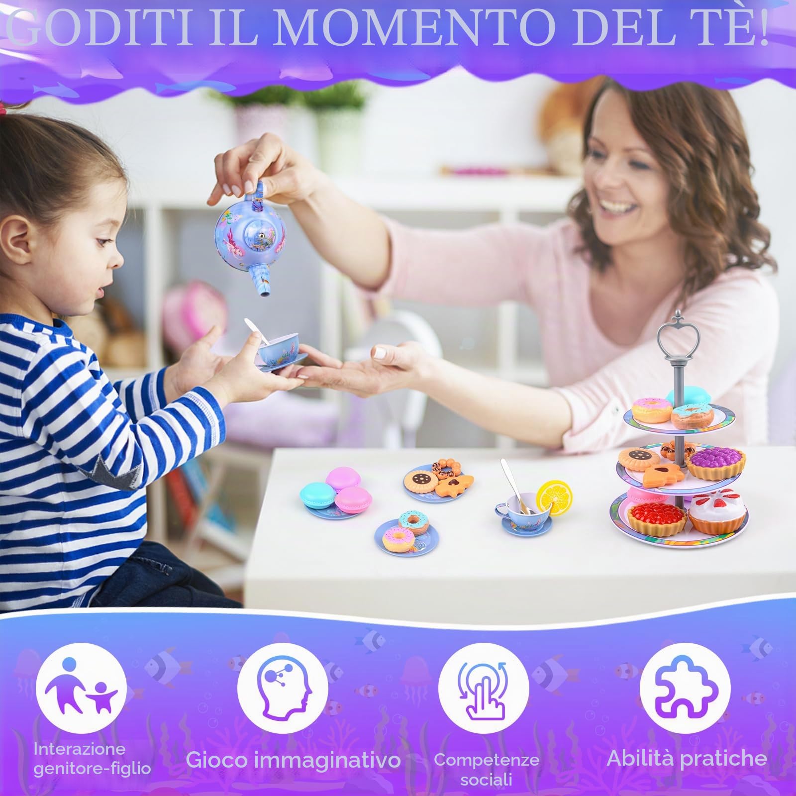 36 PCS Set da Tè Giocattoli per Bambini, Giocattoli Unicorno di Latta Tea Party Finta di Giocare con Dessert Donut, 13 PCS Giocattoli da Dessert Regalo per Bambina (sirena)