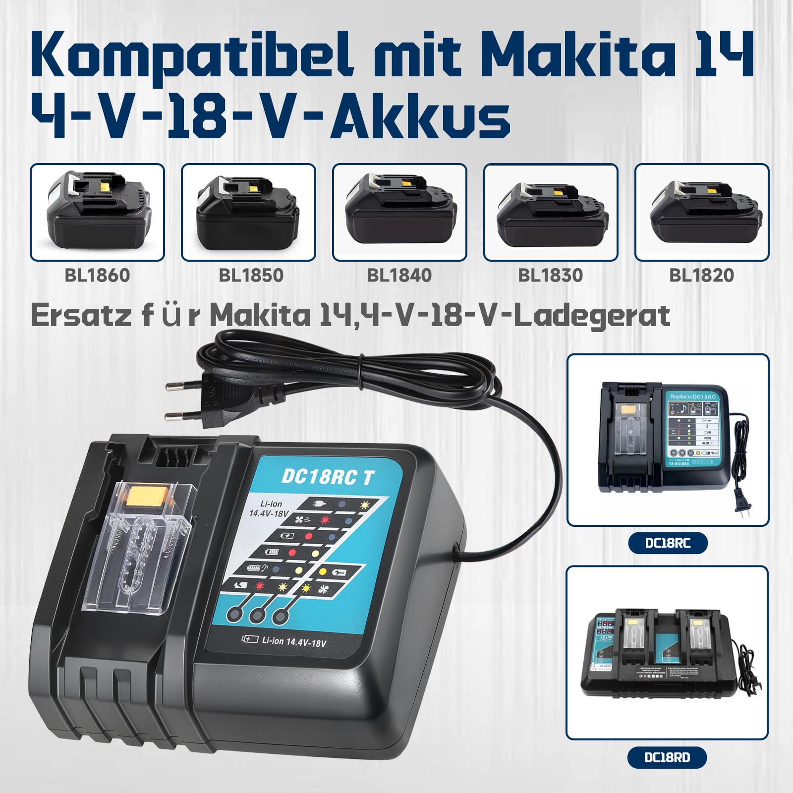 MAKITA18V Lot de 2 batteries de rechange, 18 V, 5500 mAh, avec chargeur DC18RC, compatibles avec BL1860, BL1860B, BL1855, BL1855B, BL1850, BL1850B, BL1860B, DC18RC