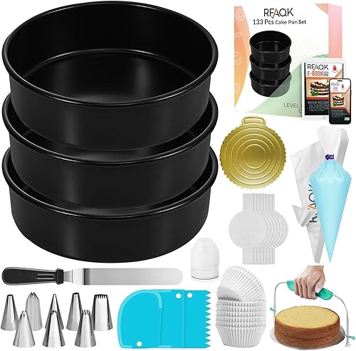 RFAQK Juego de 133 moldes redondos para hornear + kit de decoración de pasteles con molde antiadherente de 8 pulgadas, juego de 3 puntas de