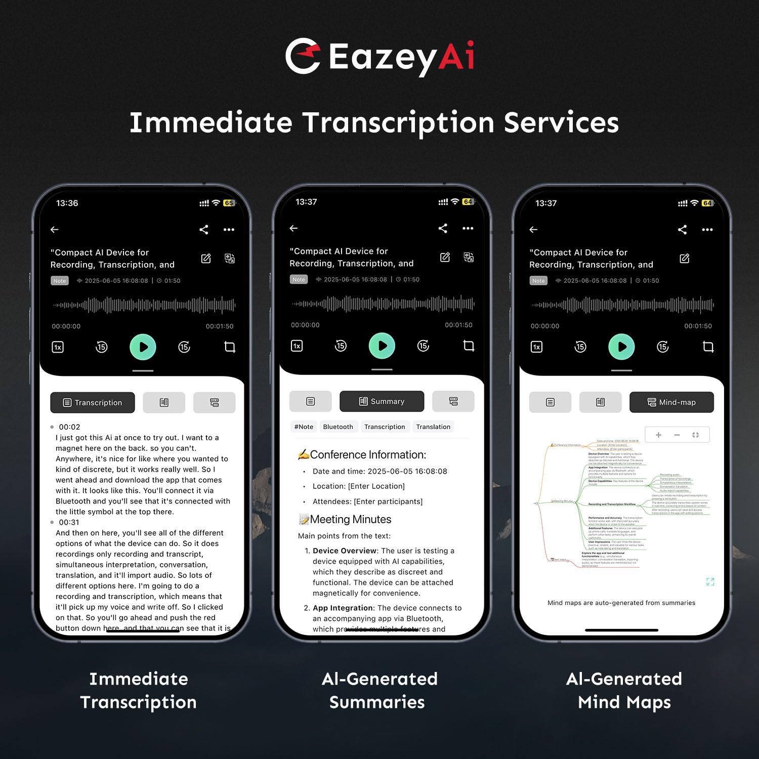 AI Voice Recorder, Transcribe & Summarize with AI Technology, Note Voice Recorder with App Control, Support 140 Languages, 64GB Memory, Audio Recorder for Lectures, Meetings, Calls(Blue)