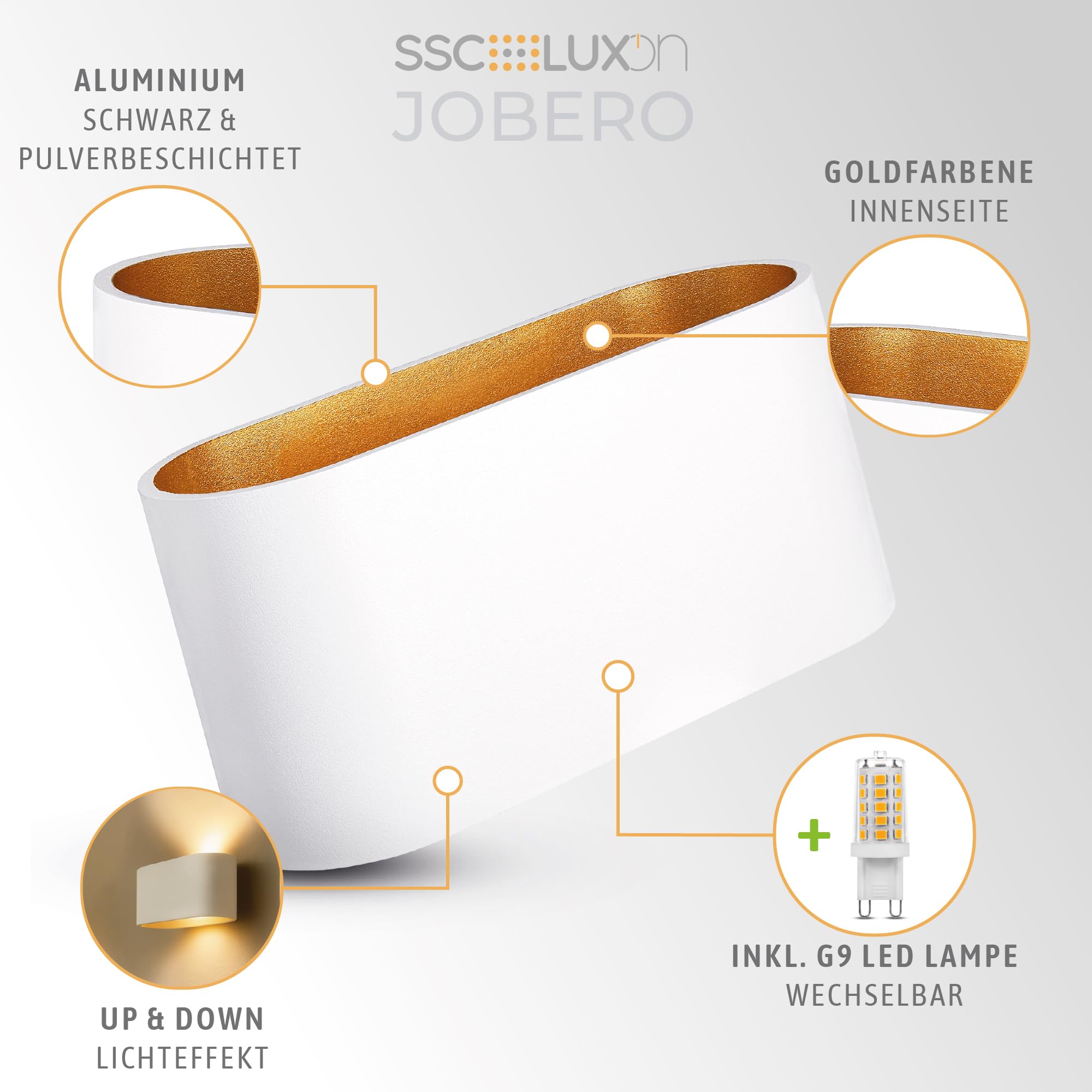 SSC-LUXon JOBERO Wandlampe 4er Pack Innen weiß gold - Wandbeleuchtung Up Down Vintage Design inkl. G9 Leuchtmittel warmweiß