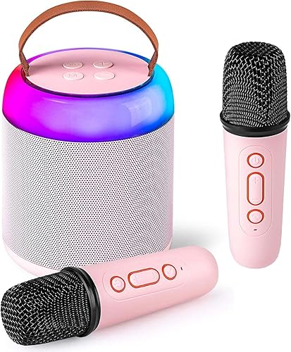 Mini Karaoke Machine with 2 Wireless Microphones and LED Lights, Portable Bluetooth Speaker, Christmas Birthday Gifts for GirlsBoys Ages 4, 5, 6, 7,