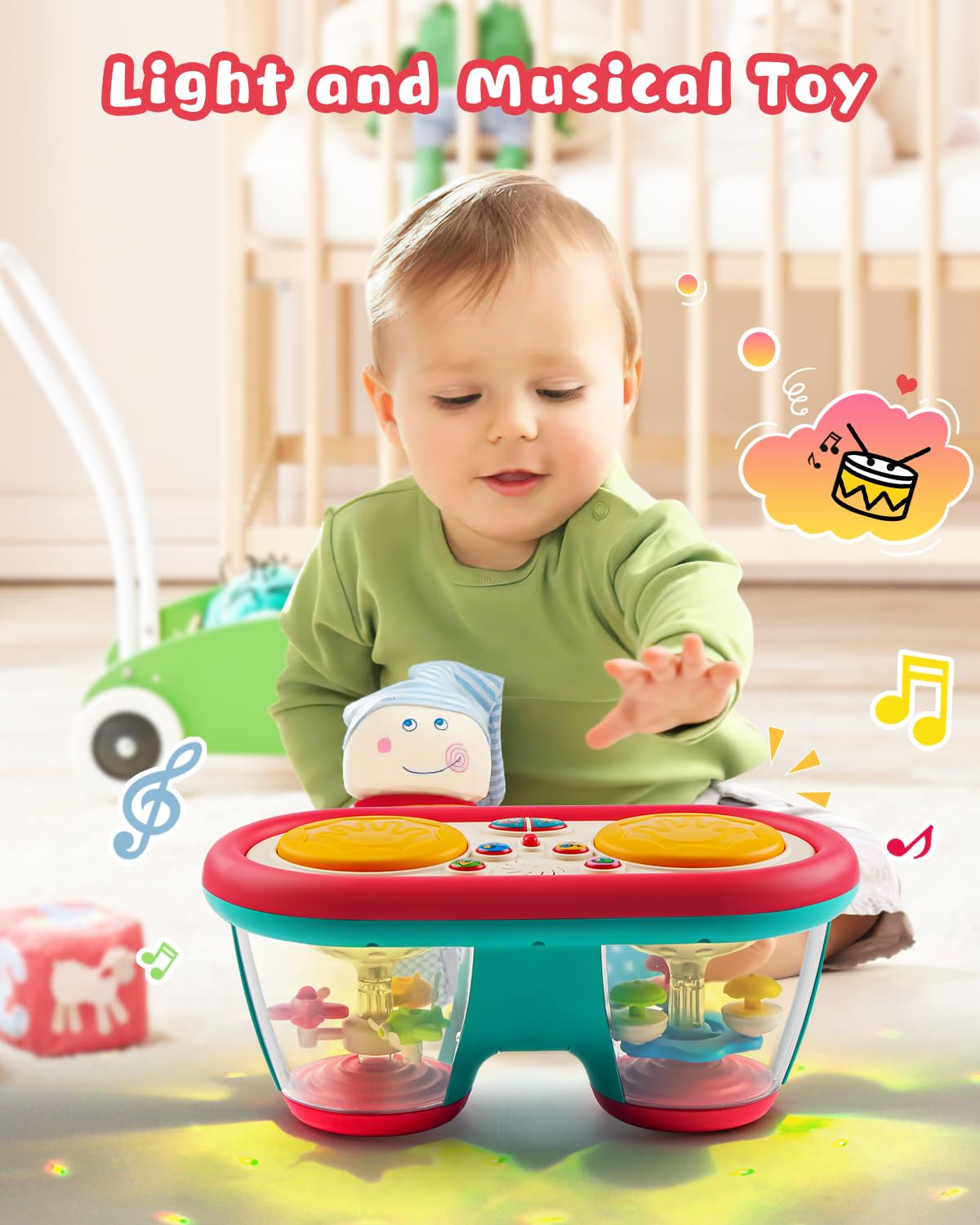 Juguetes para bebés de 6 a 12 meses, instrumentos musicales de tambor, juguetes giratorios con luz para niños de 12 a 18 meses, juguetes para el tiempo boca abajo para bebés de 0-3-6-9 meses, 3