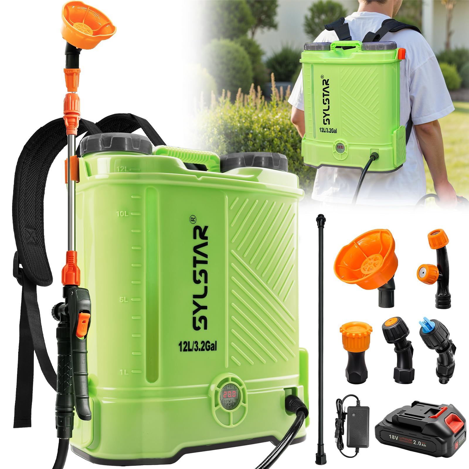 SYLSTAR Pompa Irroratrice 12L, 5.5Bar Pompa a Spalla a Batteria Compatibile con Makita 18V Batterie, Spruzzatore a Pressione Velocità Regolabile,5 Ugelli Pompa a Spalla(Caricabatterie Incluso)