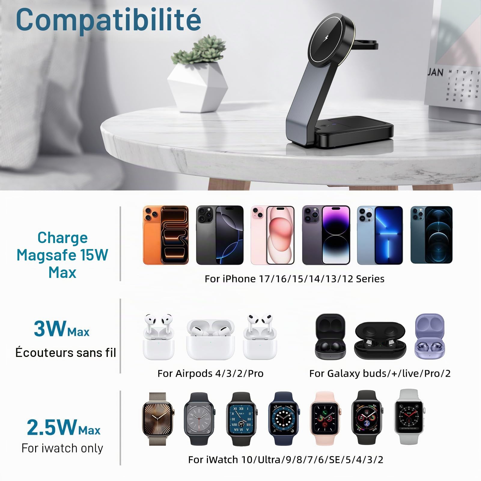 Chargeur Induction iphone, Magnétique Chargeur 3 en 1 Apple for mag-Safe iphone 15 16 14 13 Pro Max, Chargeur sans Fil for iwatch 9 Ultra 8, Wireless Charger for Airpods Pro 3/2 with Light