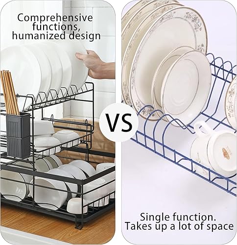 Miniatura 8 de Escurridor de platos de 3 niveles, escurridor de platos negro para encimera de cocina, coladores de platos de acero inoxidable para encimera de